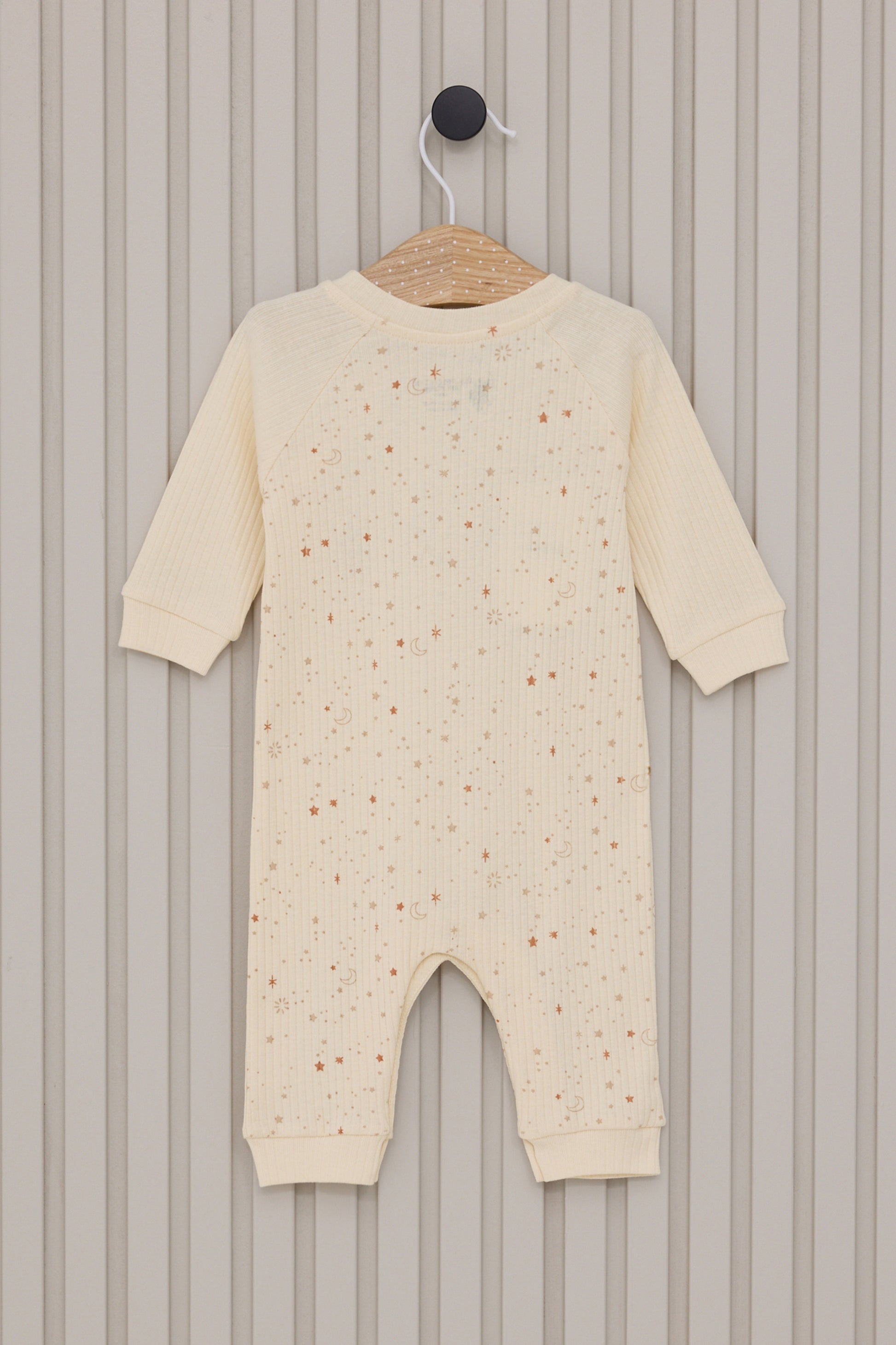 Baby Girl Cream Patched Sky Pattern Ribbed 100% Cotton Jumpsuit
