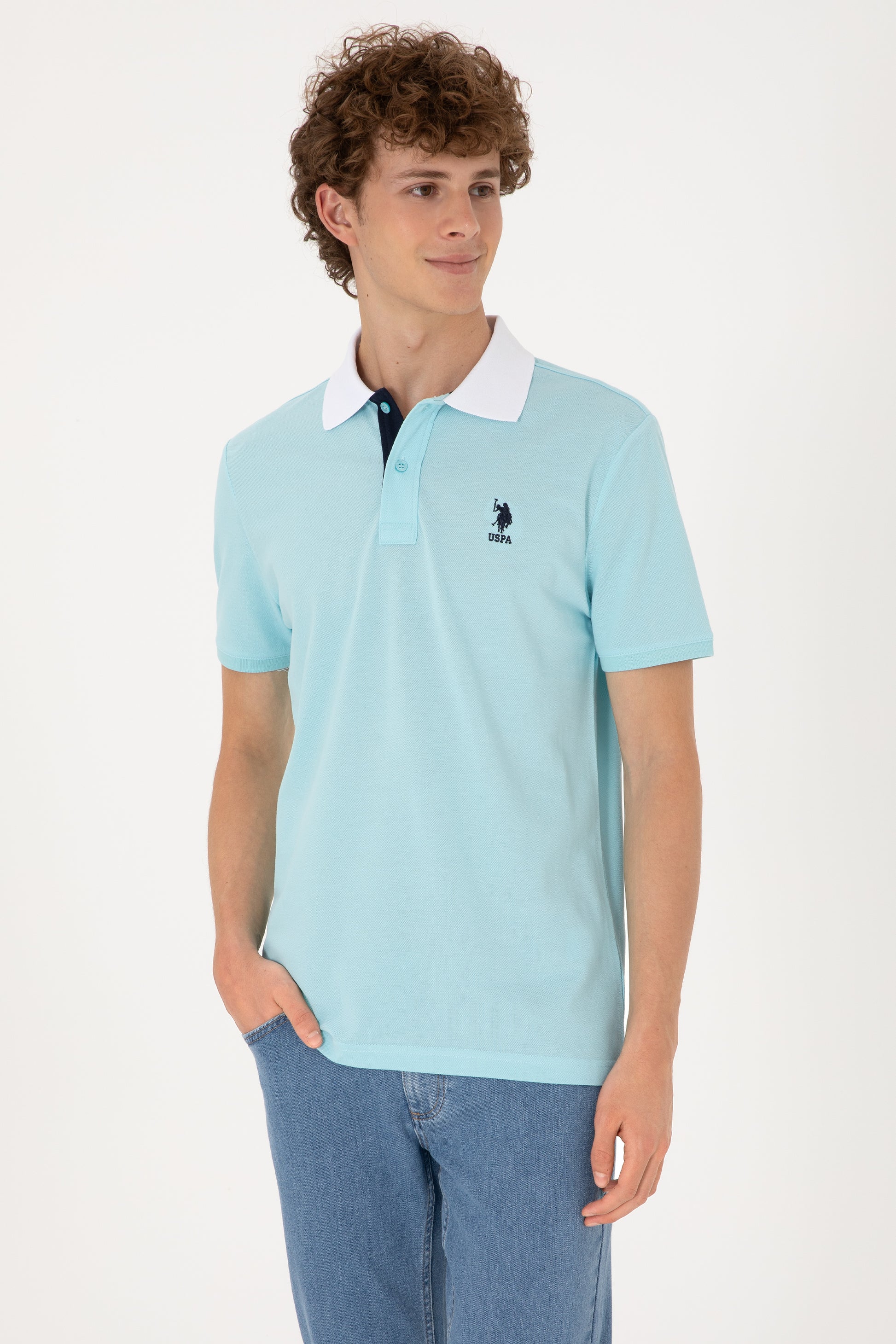 Men's Regular Fit Polo Neck Aqua T-Shirt