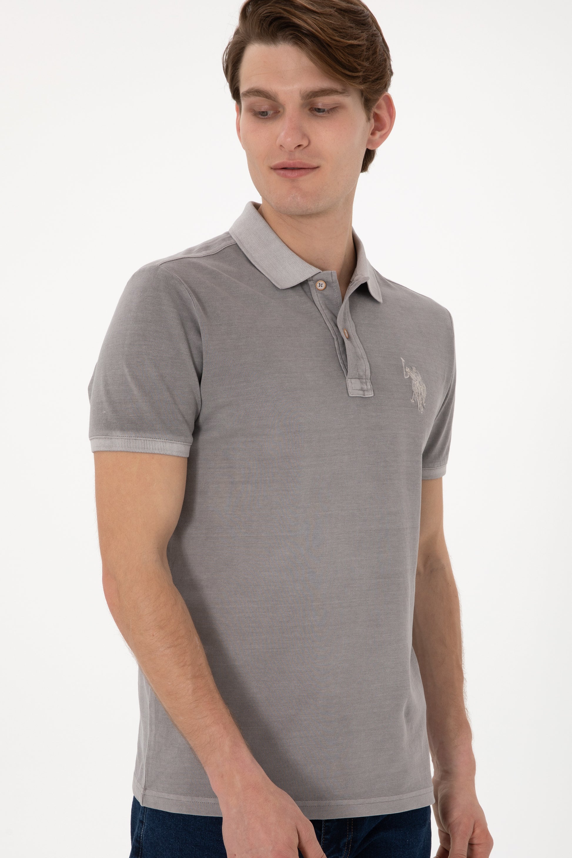Men's Slim Fit Polo Neck Dark Grey Wash Basic T-Shirt