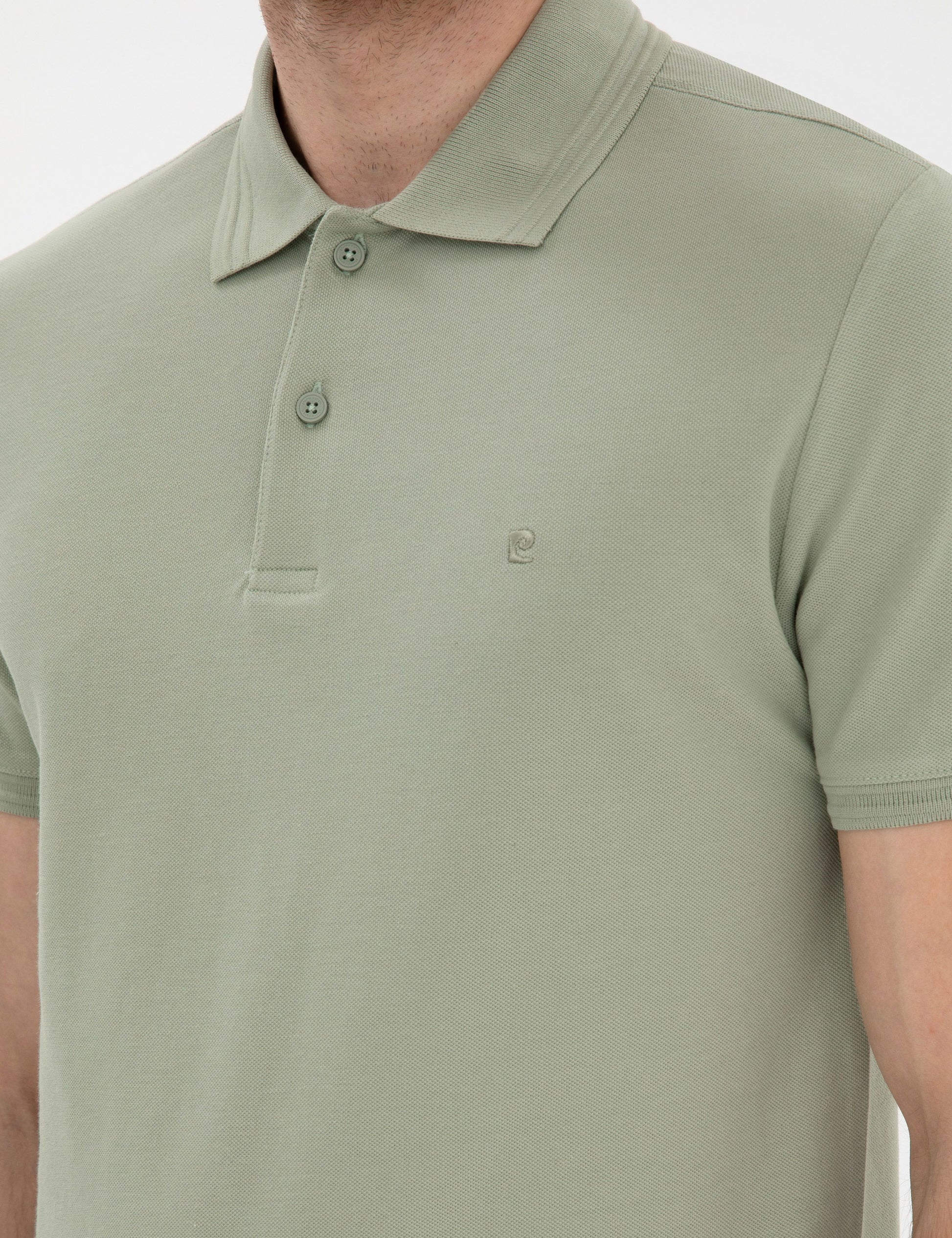 Cagla Green Slim Fit 100% Cotton Polo Neck Basic T-Shirt
