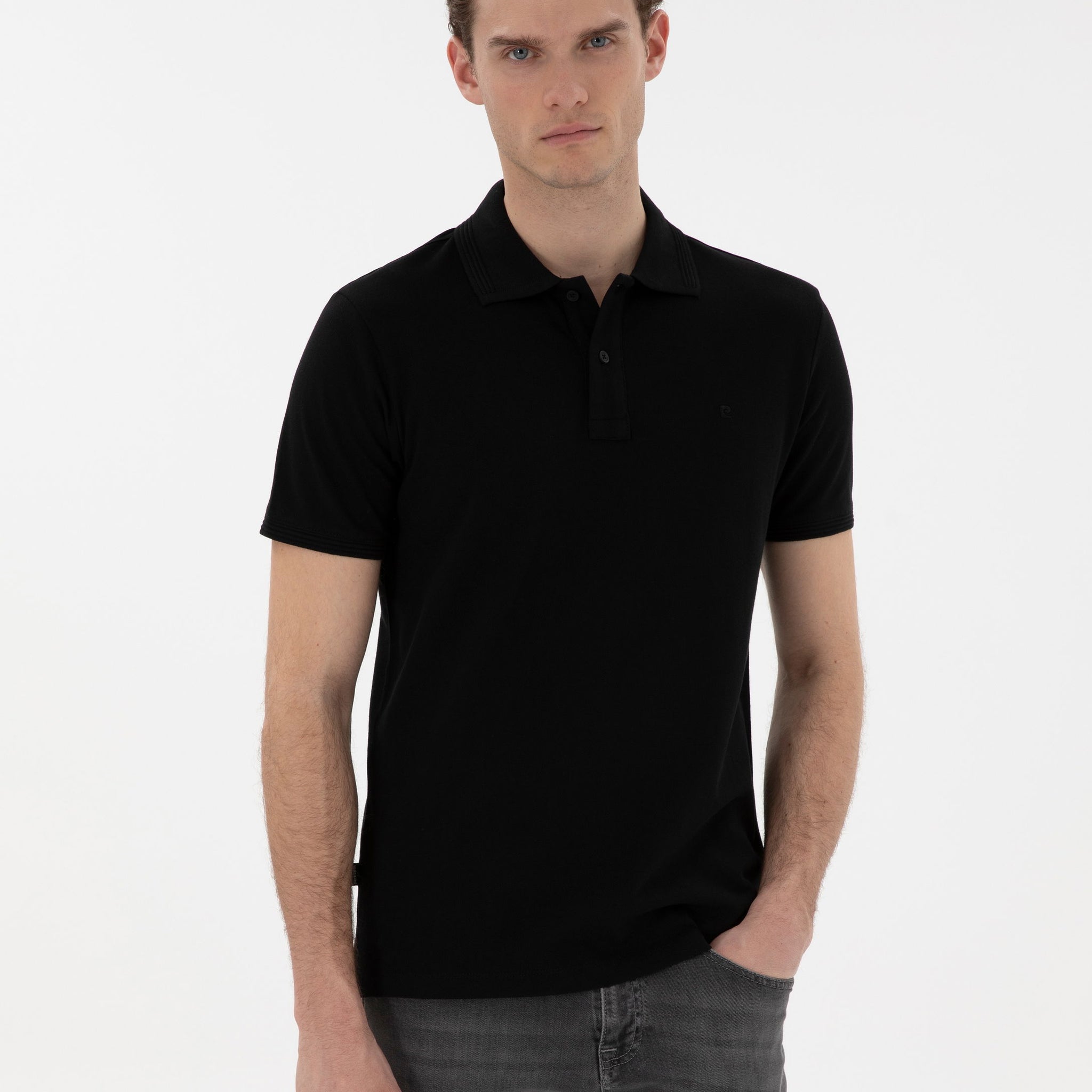 Black Slim Fit No-Fold Polo Neck Basic T-Shirt