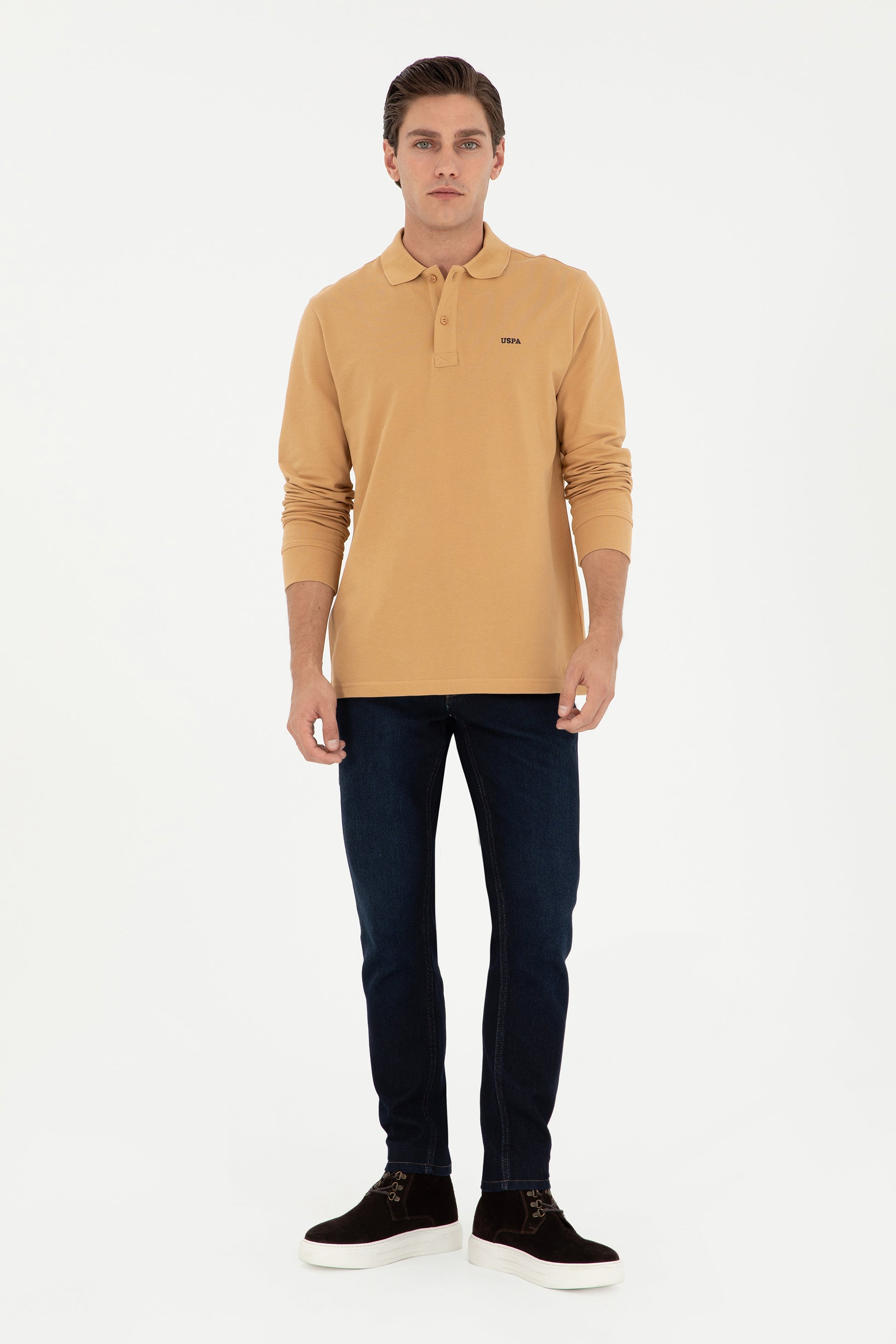 Men's Regular Fit Polo Neck Camel Basic Sweatshirt