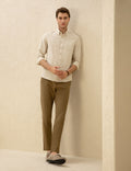 Khaki Carrot Fit Linen Blended Canvas Pants