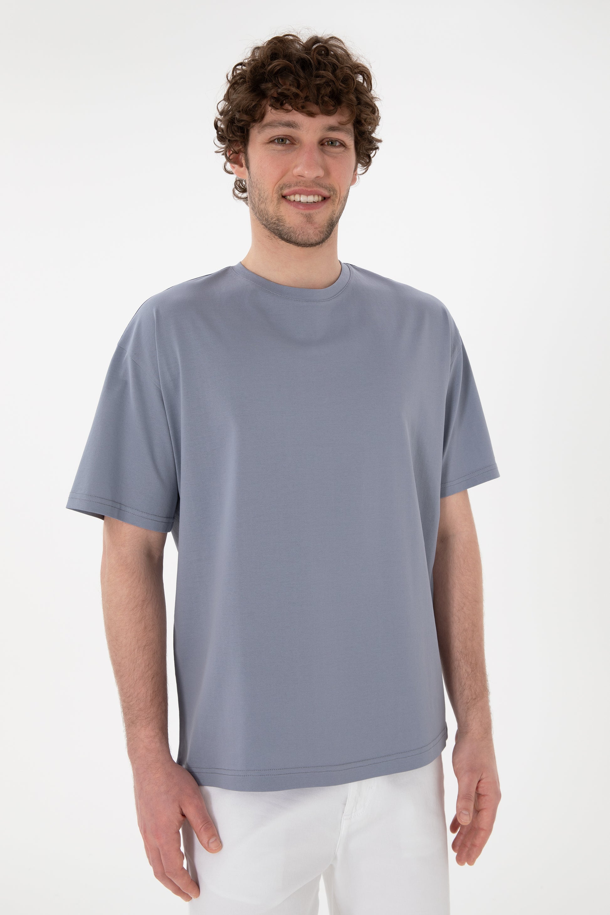Men's Comfort Fit Crew Neck Blue Mercerized Basic T-Shirt