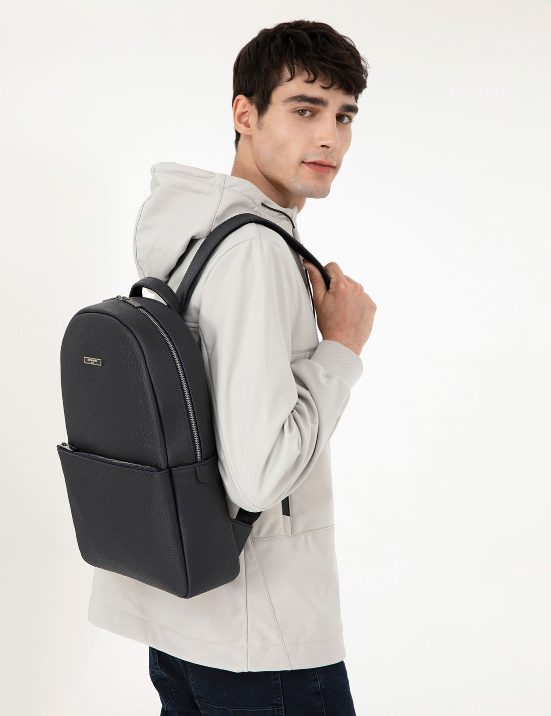 Men's Navy Blue Leather Backpack