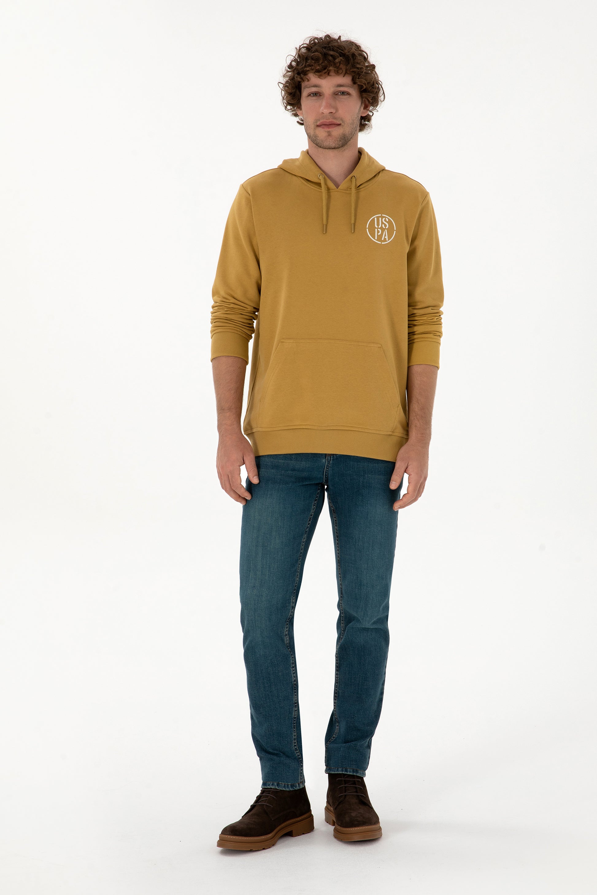 Erkek Regular Fit Kapişonlu Hardal Sweatshirt