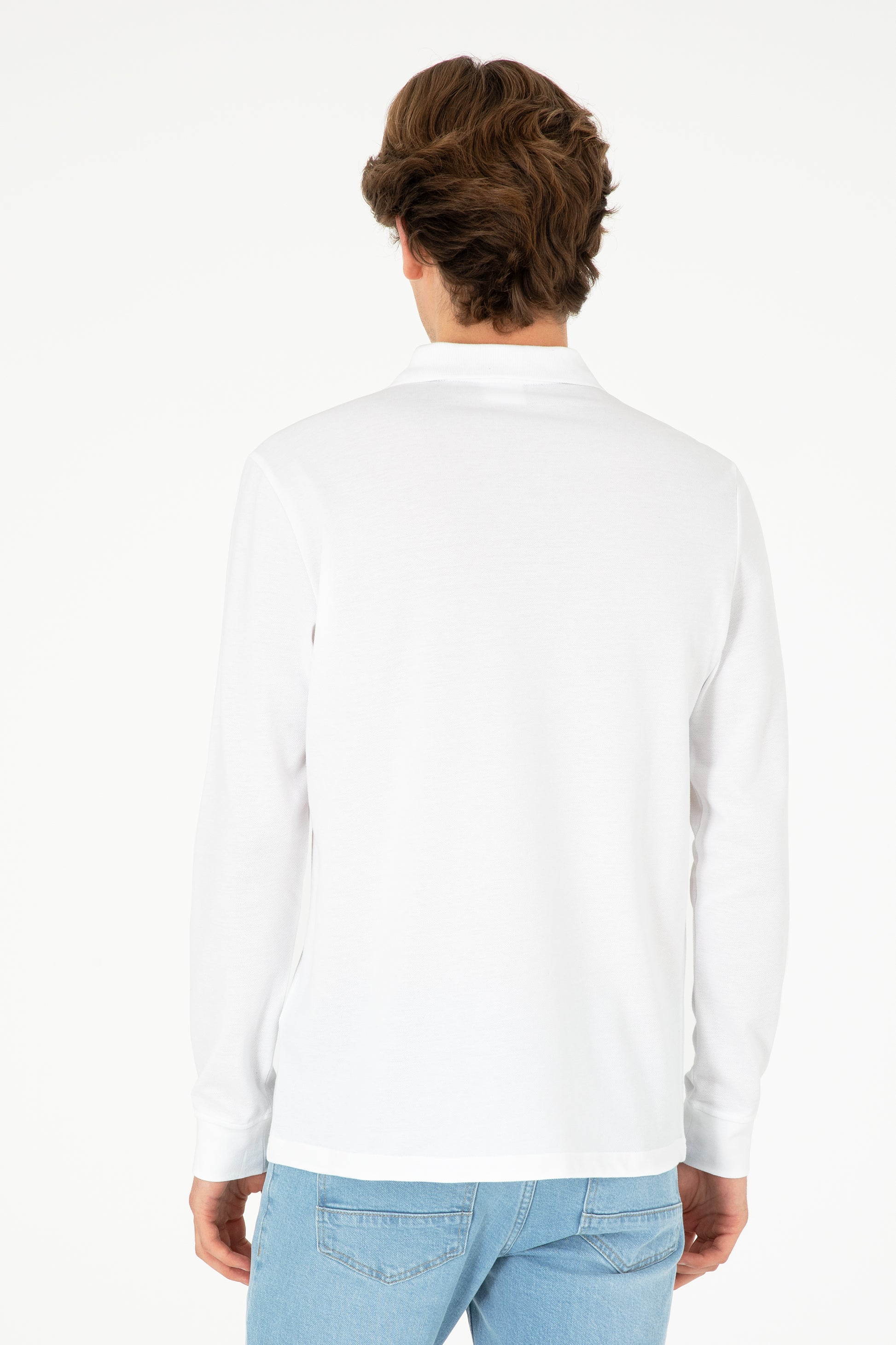 Men's Regular Fit Polo Neck White Basic Sweatshirt