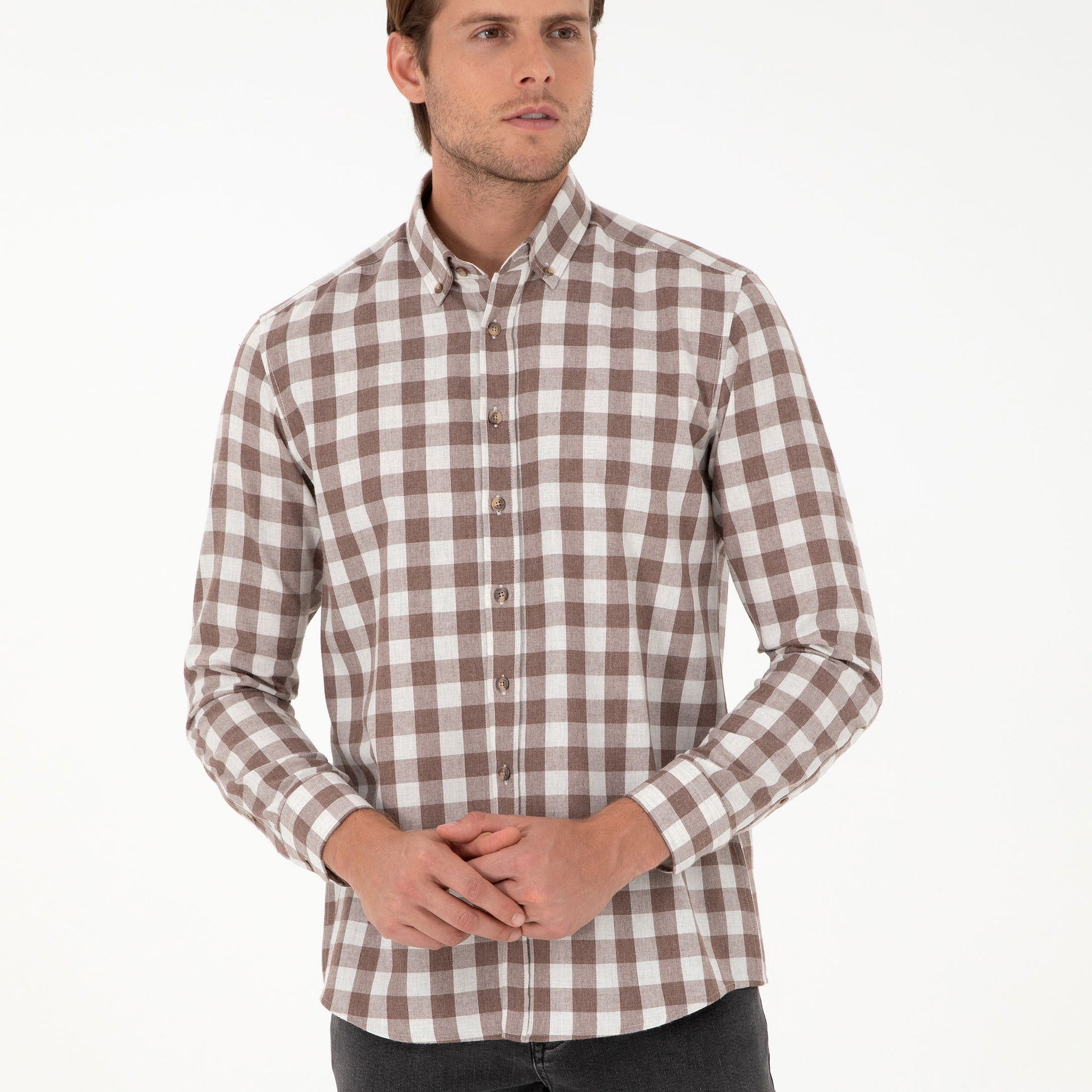Brown Checkered Regular Fit Long Sleeve Shirt