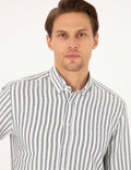 Navy Blue Regular Fit Striped Long Sleeve Shirt