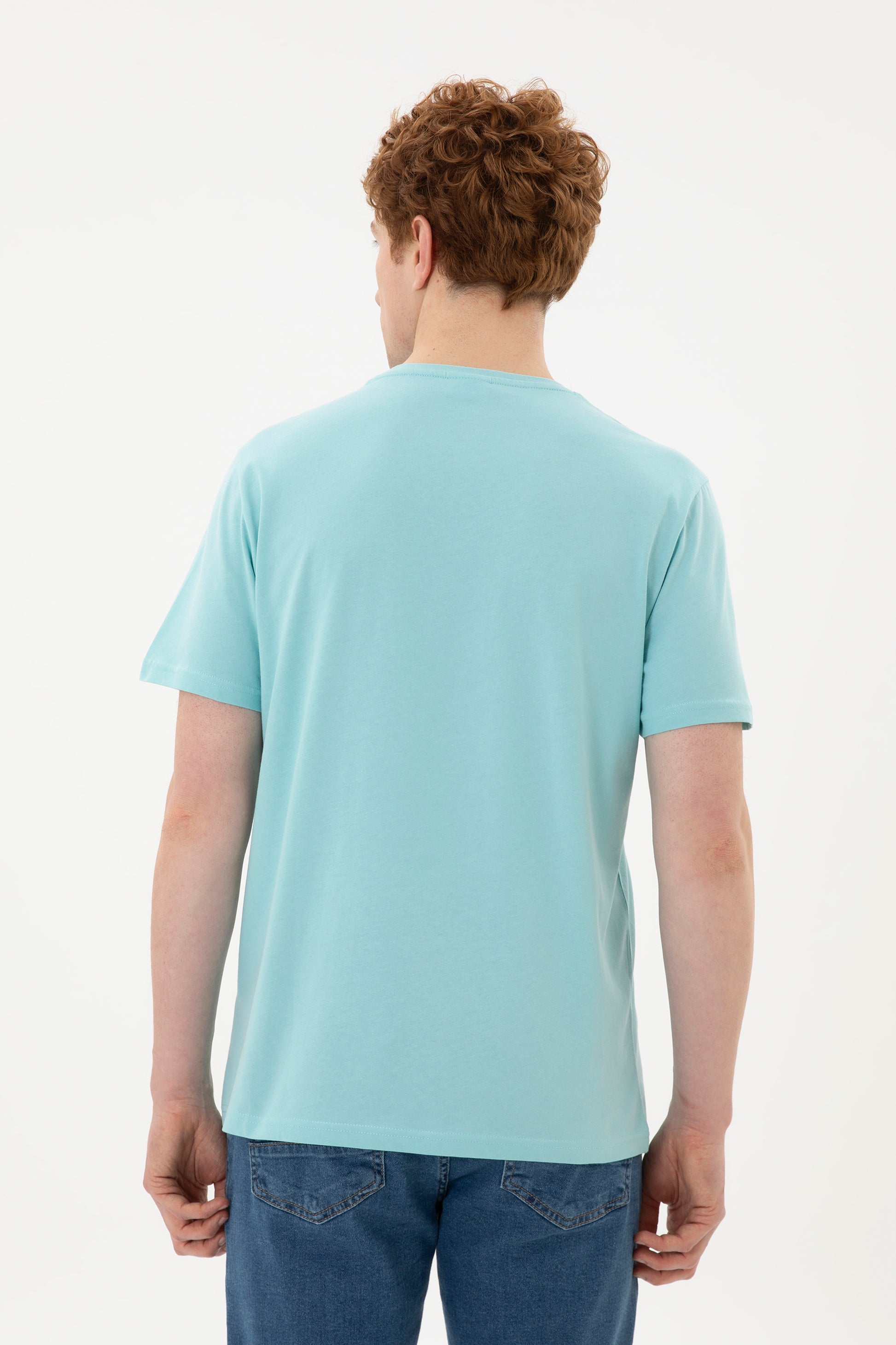 Men's Regular Fit Crew Neck Water Green Basic T-Shirt