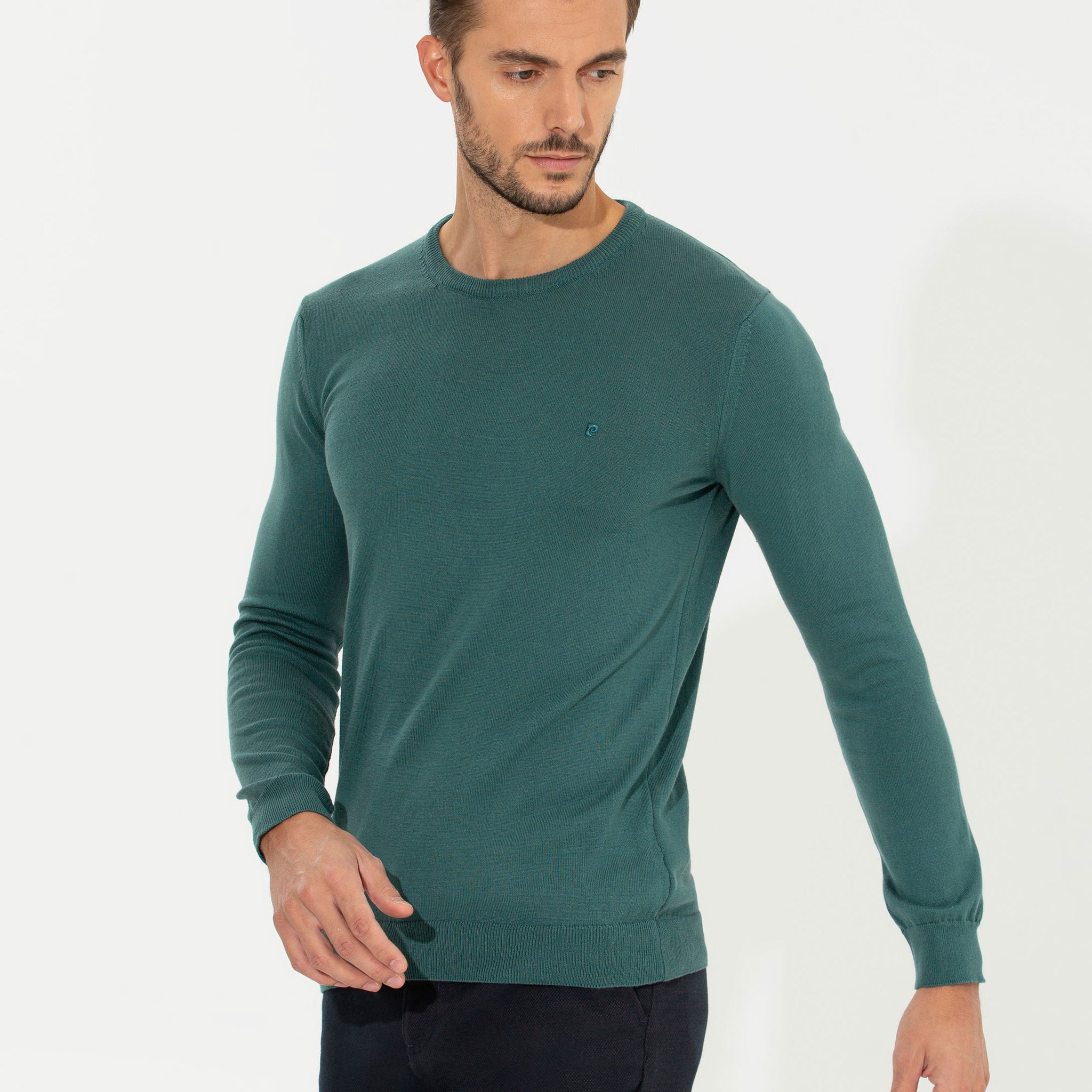 Green Slim Fit Crew Neck Basic Knitwear Sweater