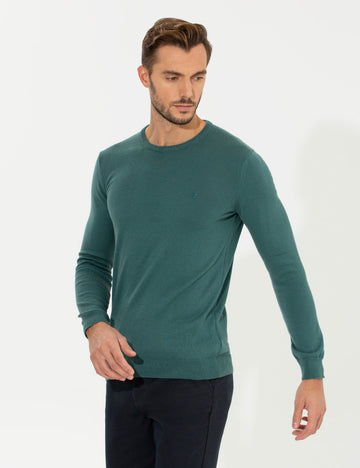 Green Slim Fit Crew Neck Basic Knitwear Sweater