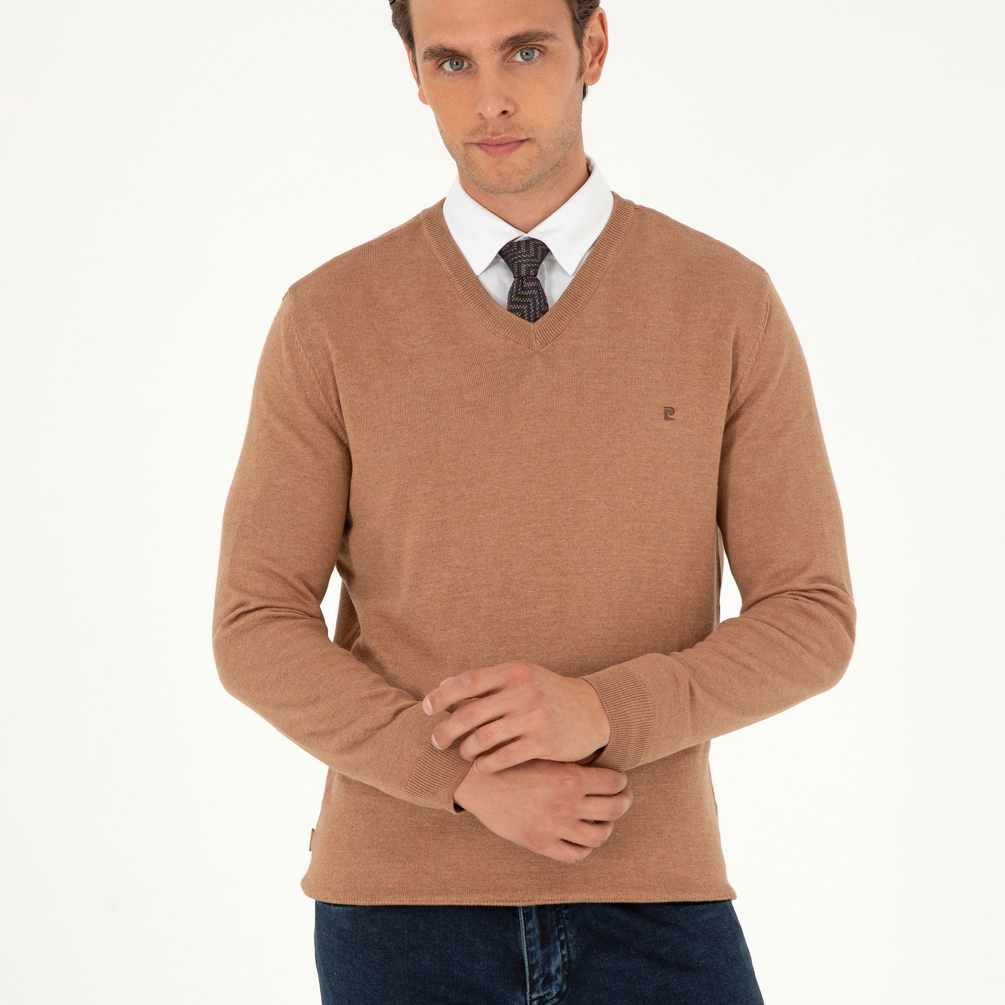 Camel Melange Slim Fit V Neck Basic Knitwear Sweater