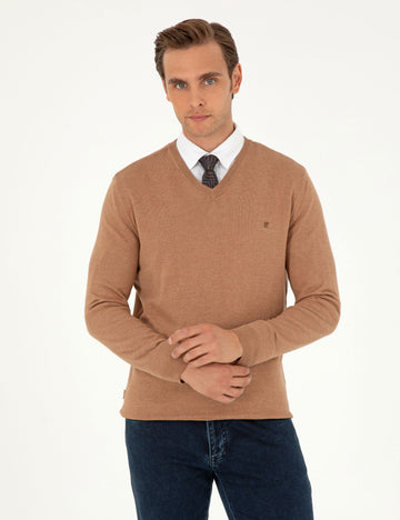 Camel Melange Slim Fit V Neck Basic Knitwear Sweater