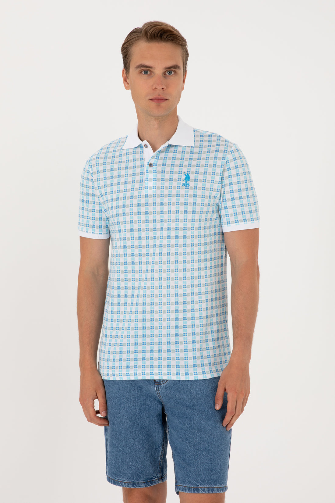 Men's Regular Fit Polo Neck Turquoise Patterned T-Shirt