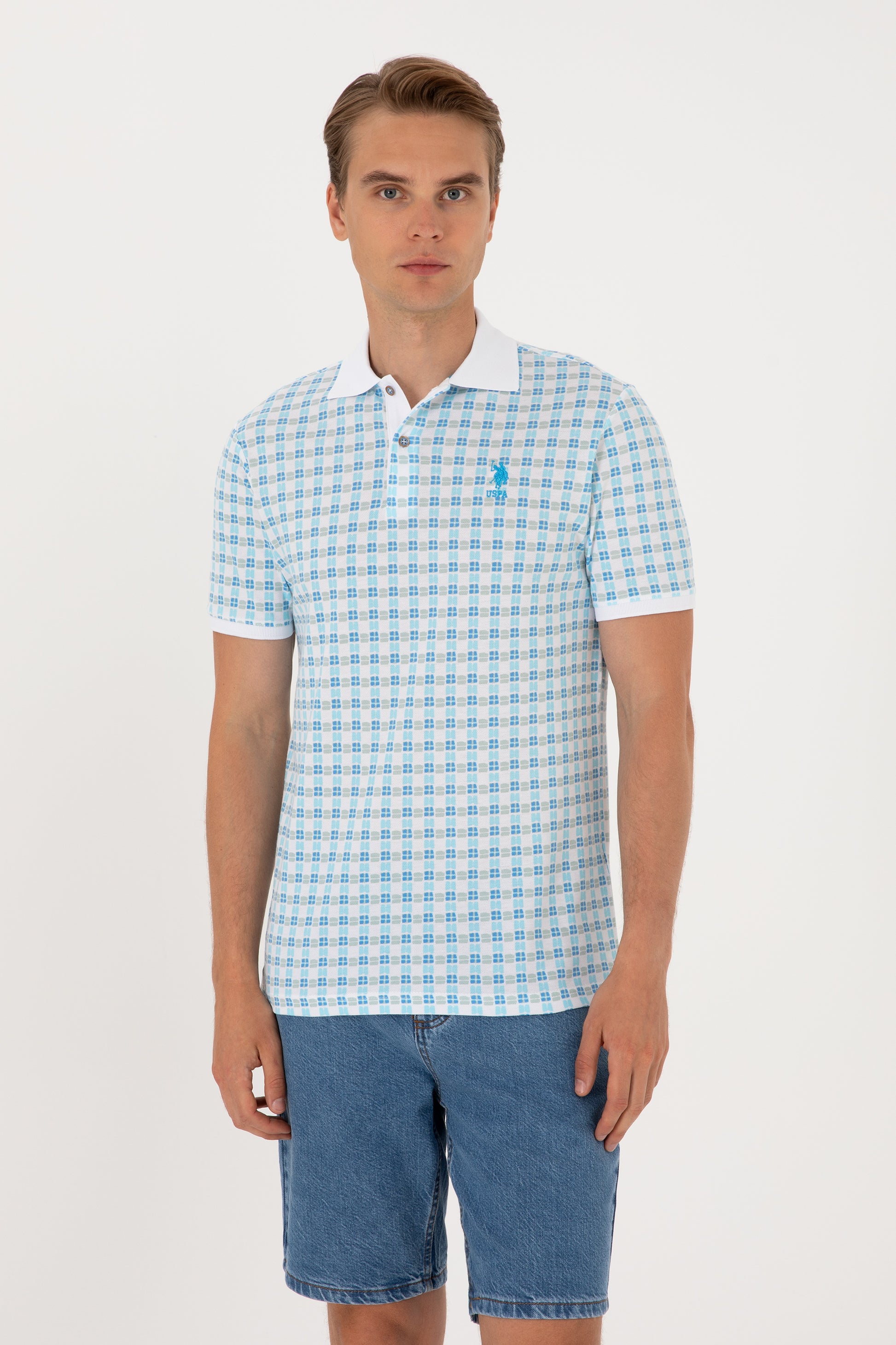 Men's Regular Fit Polo Neck Turquoise Patterned T-Shirt