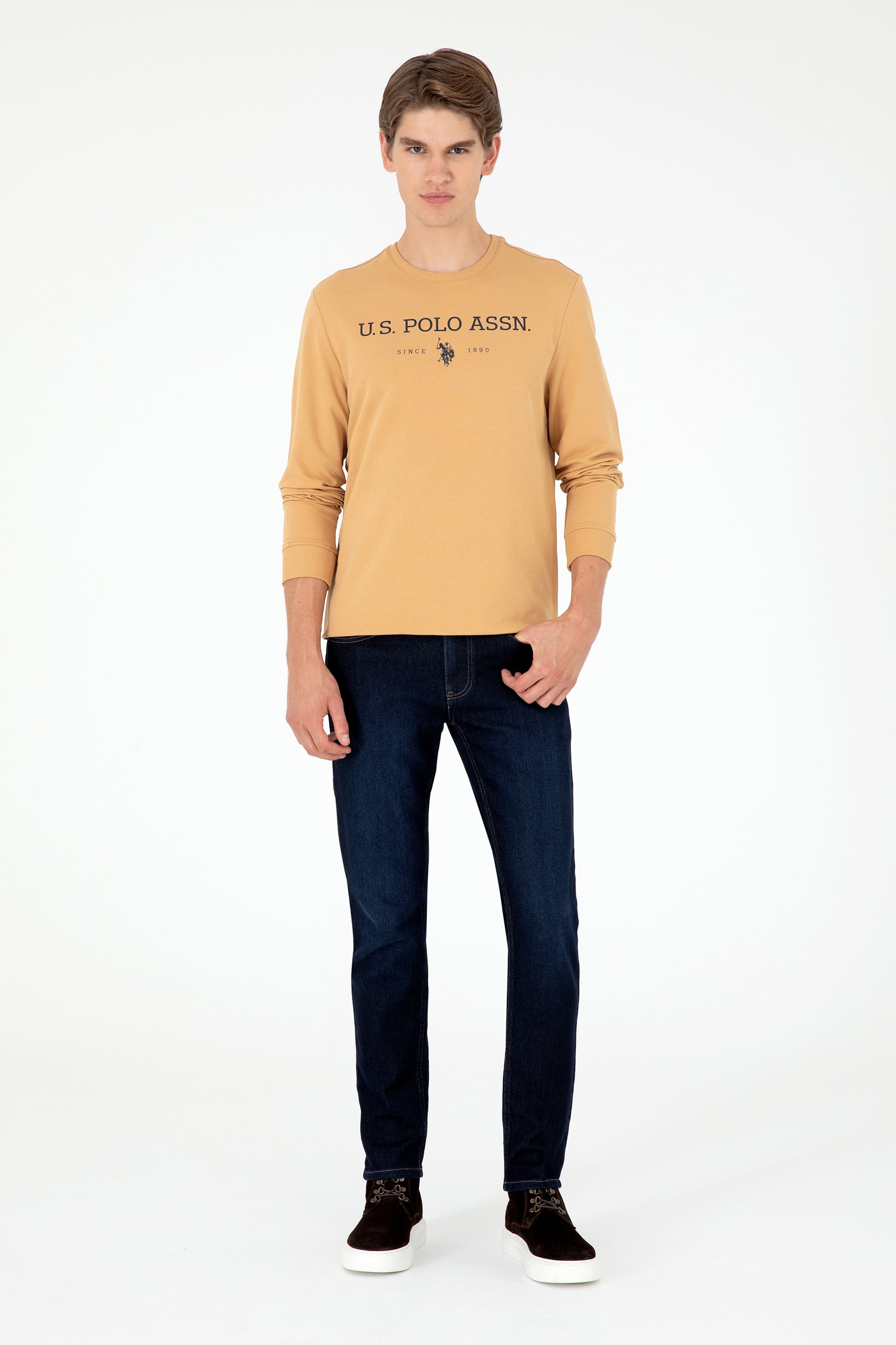 Men's Regular Fit Crew Neck Camel Sweatshirt