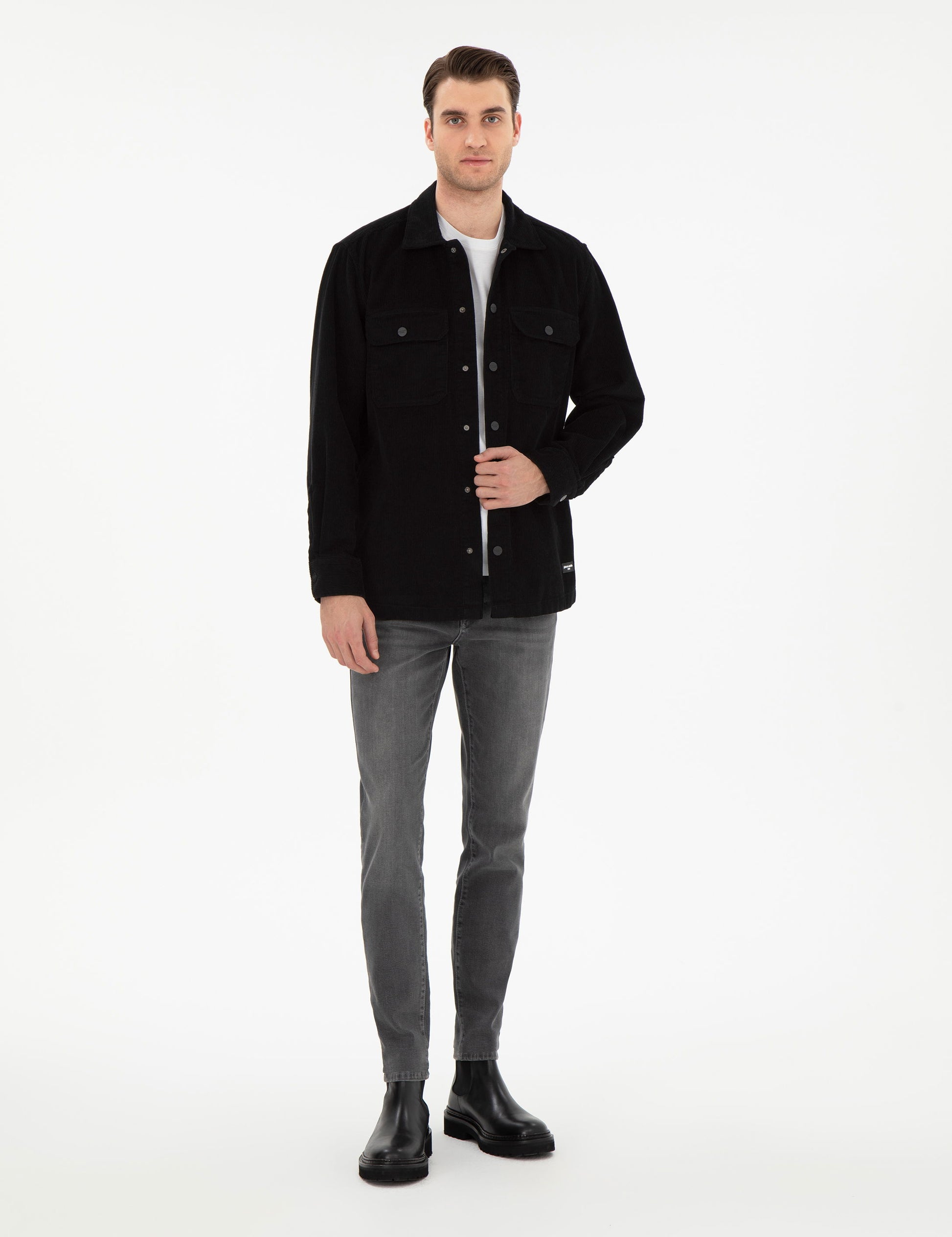 Siyah Klasik Yaka ��ift Cepli Oversize G��mlek Ceket