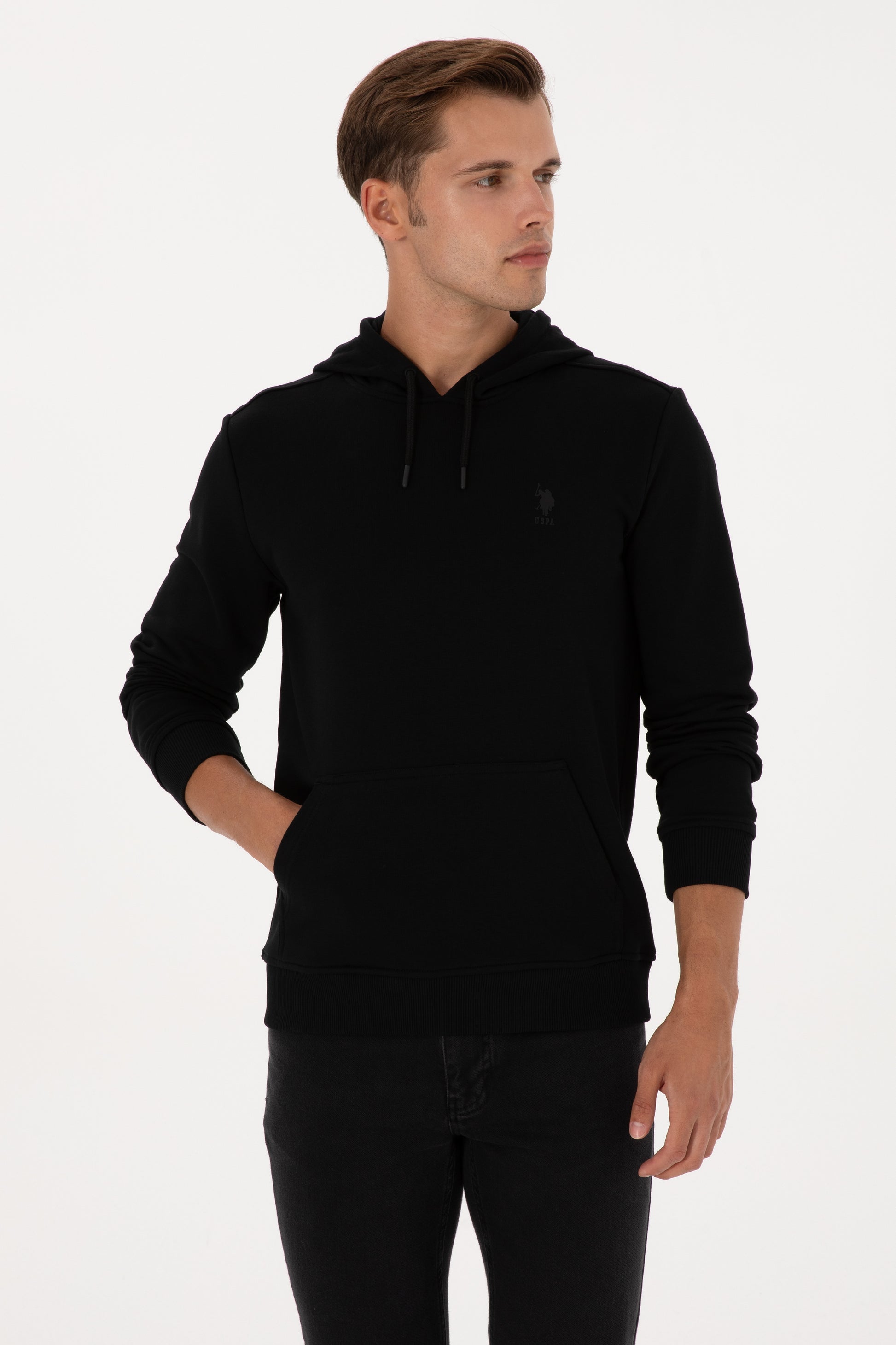 Erkek Regular Fit Kapişonlu Siyah Basic Sweatshirt