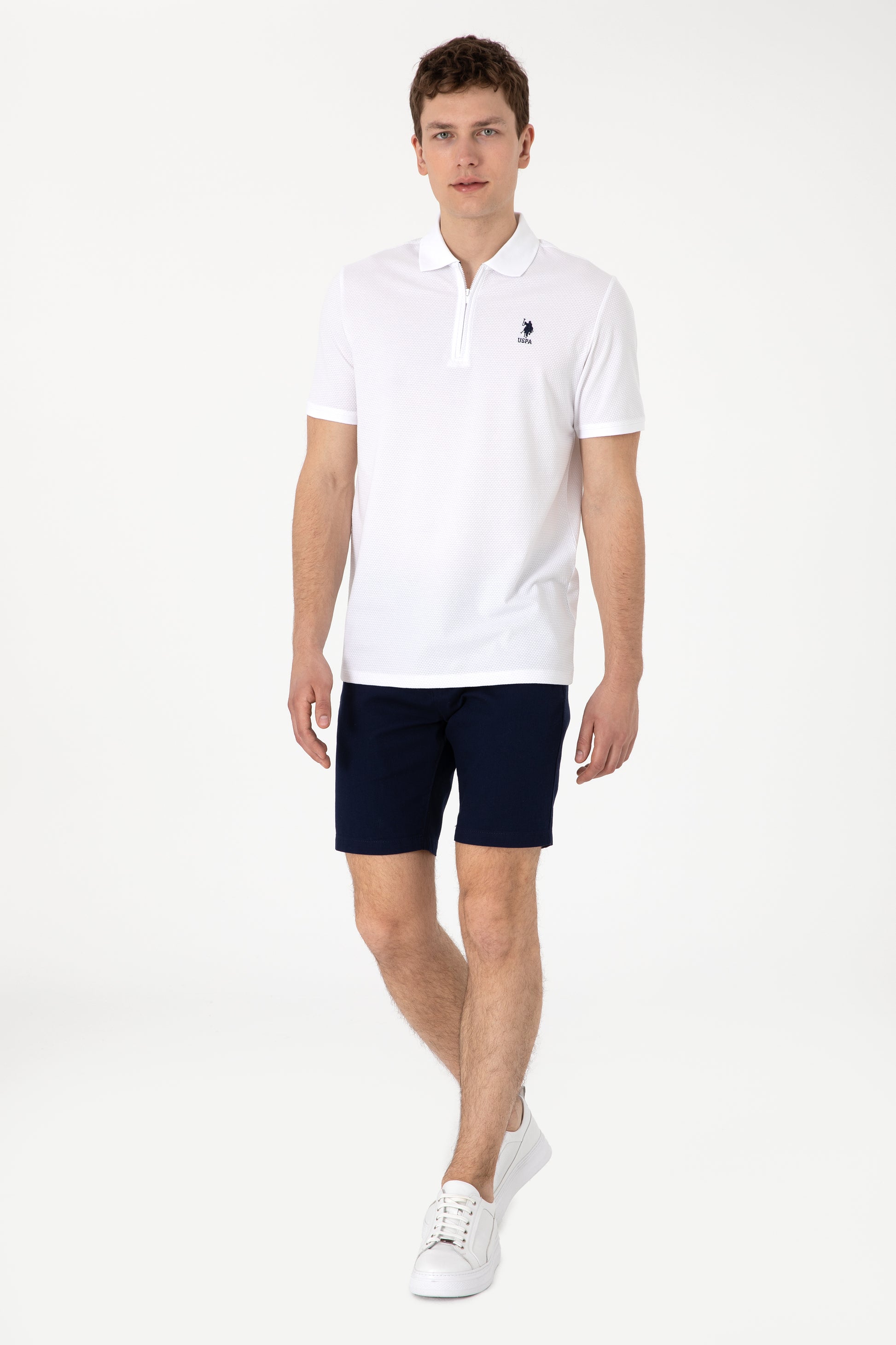 Men's Regular Fit Zipper White Textured T-Shirt