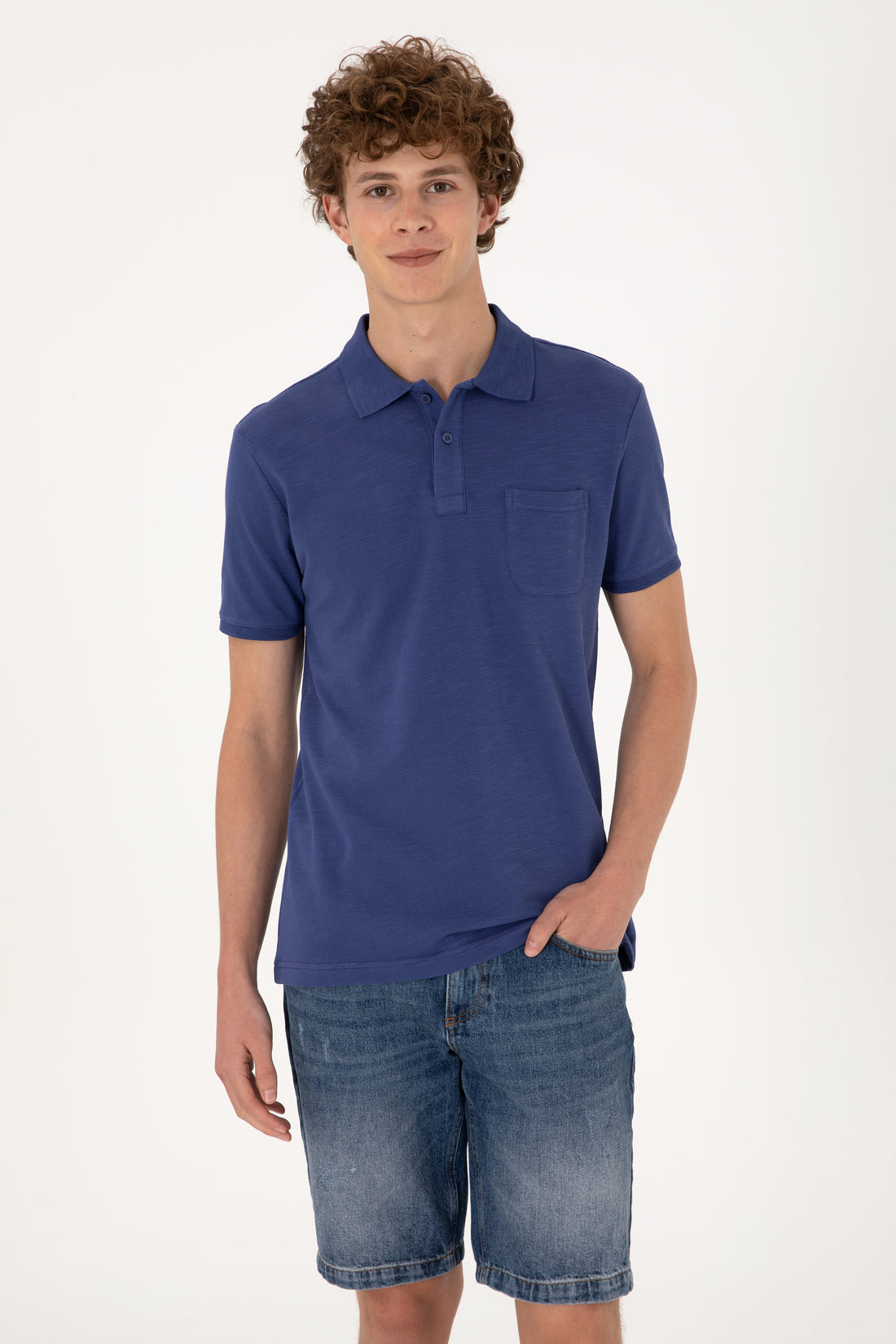 Men's Slim Fit Draped Polo Neck Light Navy T-Shirt