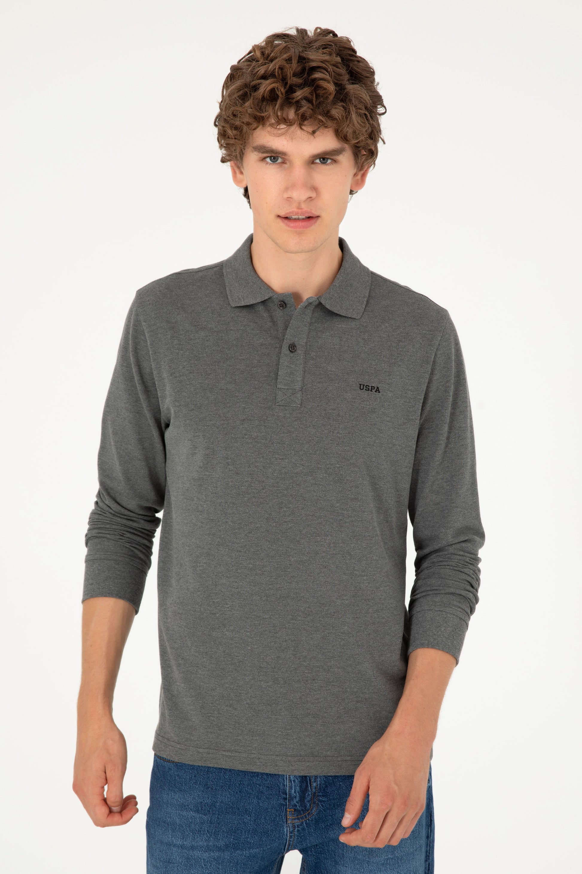 Men's Regular Fit Polo Neck Anthracite Melange Basic Sweatshirt