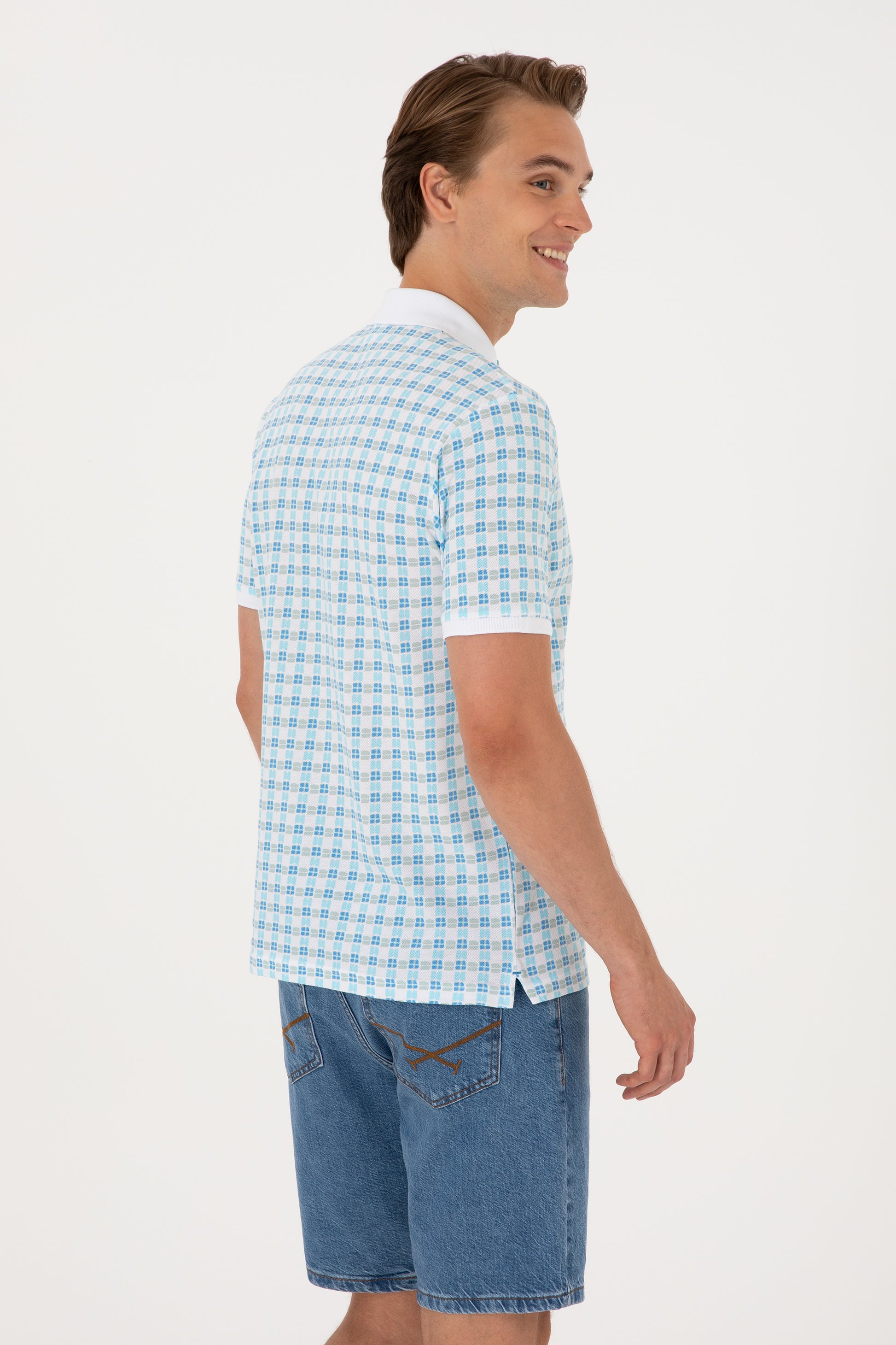 Men's Regular Fit Polo Neck Turquoise Patterned T-Shirt