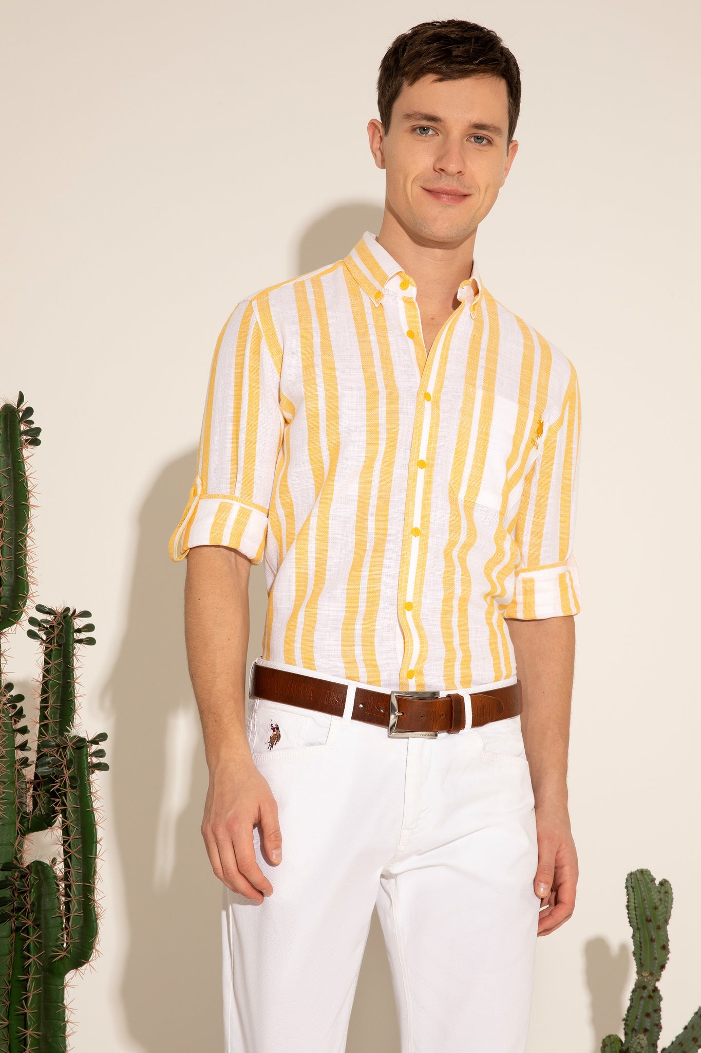 Men's Saffron Striped White Shirt