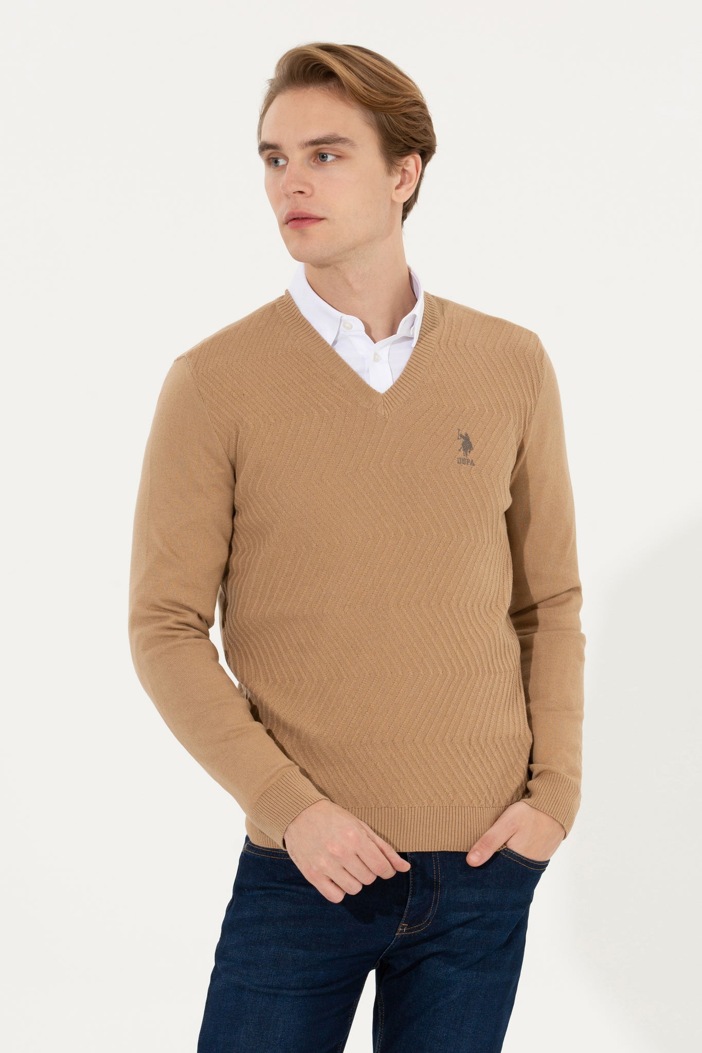 Men's Camel Melange V Neck Knitwear Sweater