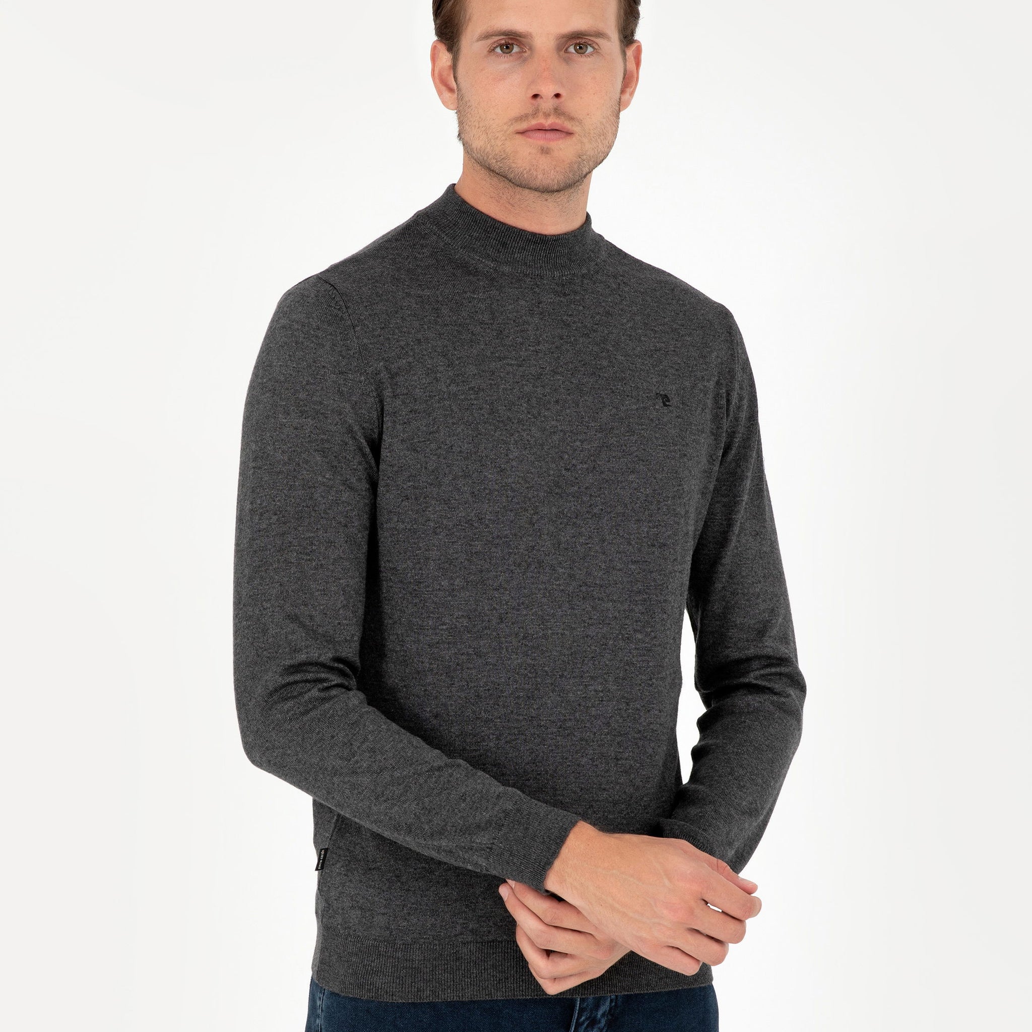 Anthracite Melange Slim Fit Quarter Neck Basic Knitwear Sweater