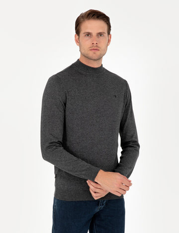 Anthracite Melange Slim Fit Quarter Neck Basic Knitwear Sweater