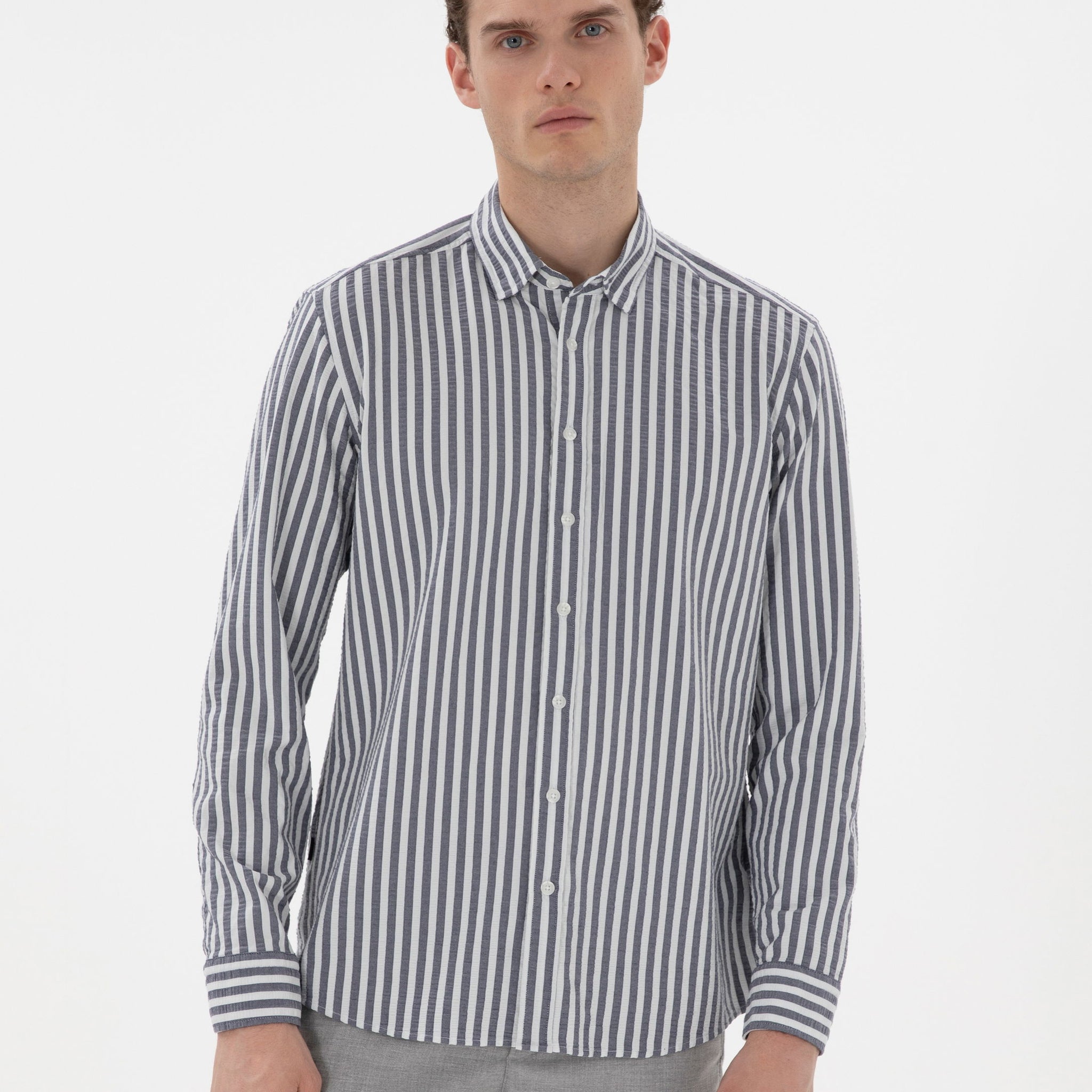 Navy Blue Regular Fit Striped Long Sleeve Shirt