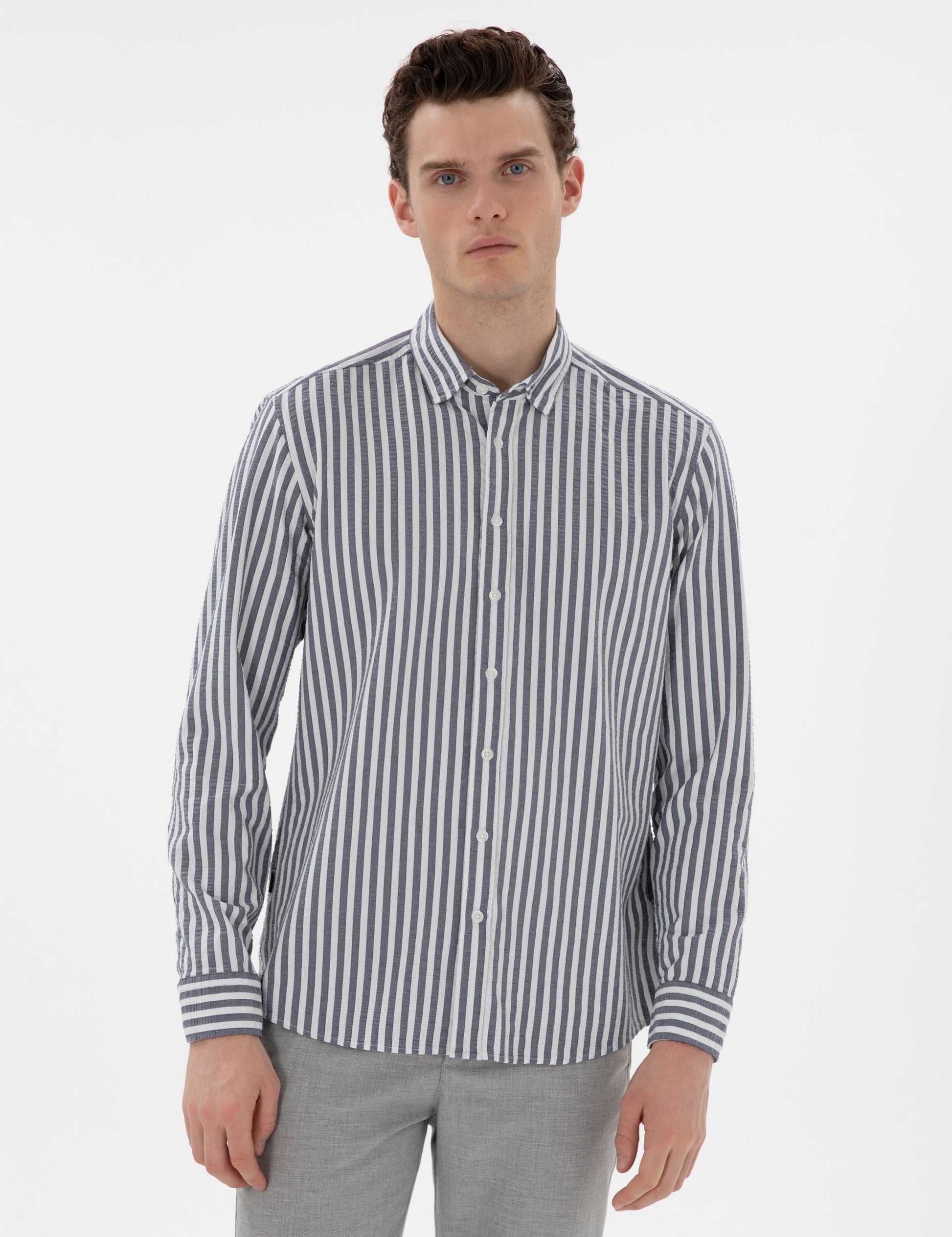 Navy Blue Regular Fit Striped Long Sleeve Shirt