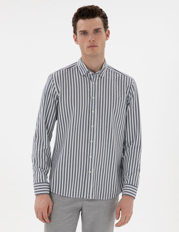 Navy Blue Regular Fit Striped Long Sleeve Shirt