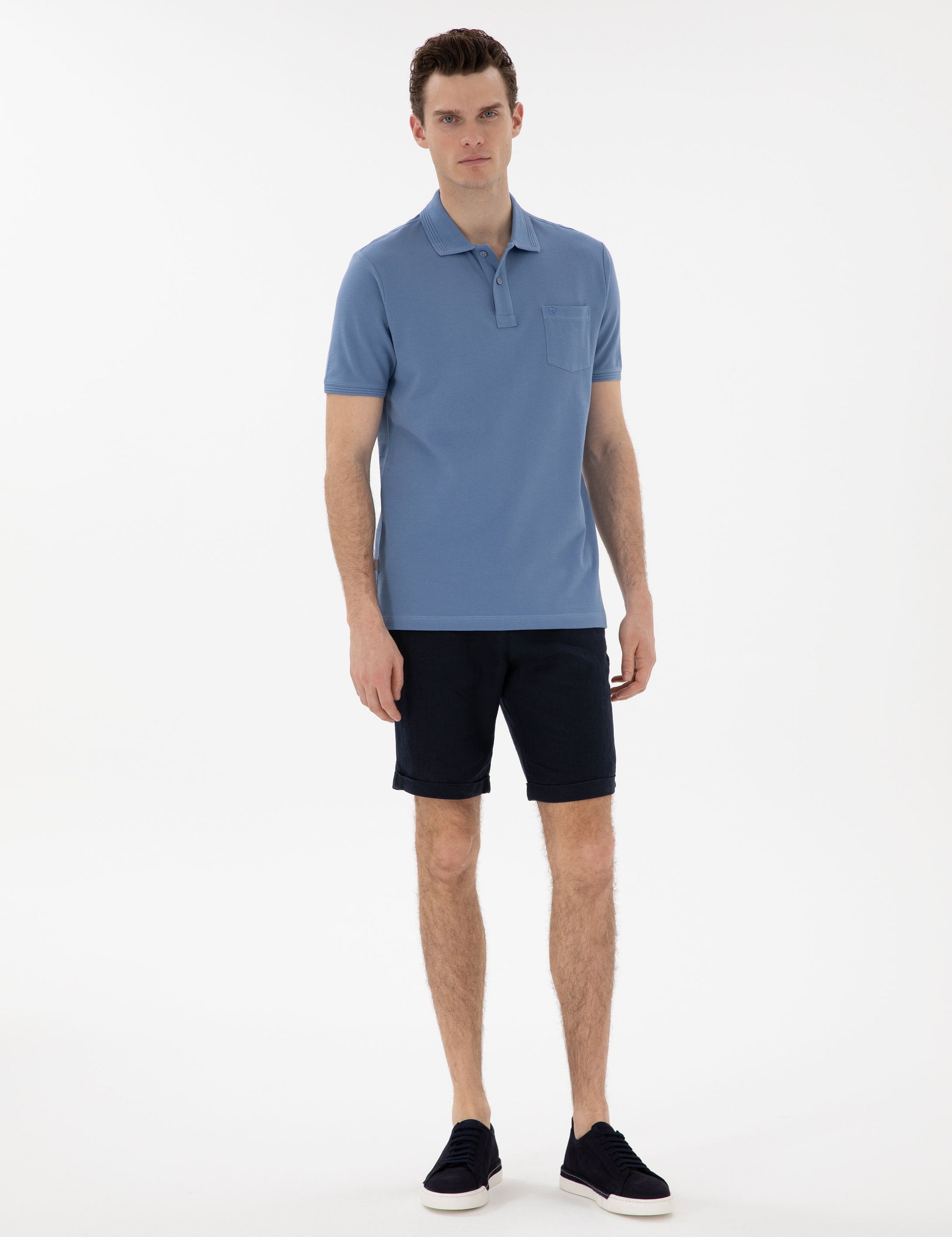Blue Regular Fit Crewless Polo Neck Basic T-Shirt