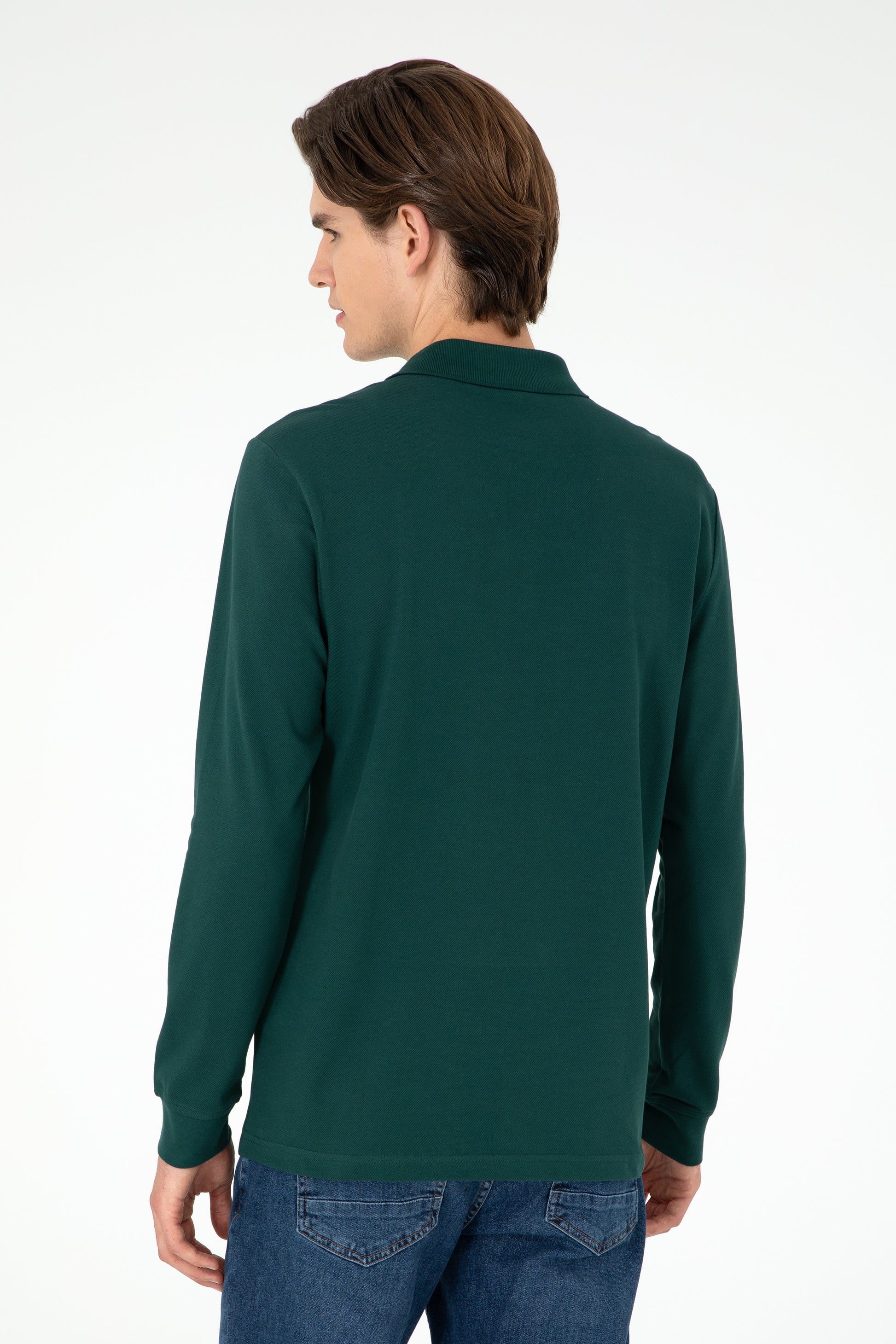 Men's Regular Fit Polo Neck Dark Green Basic Sweatshirt