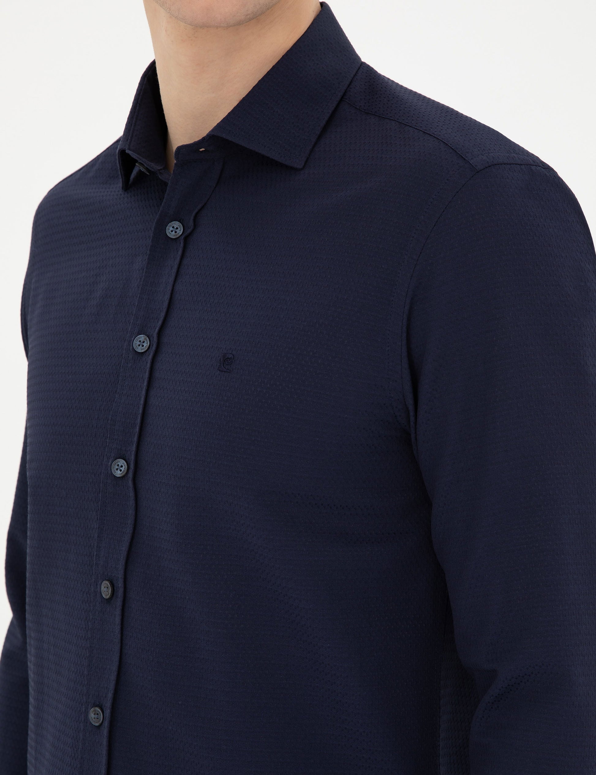 Navy Blue Slim Fit Chunky Long Sleeve Shirt