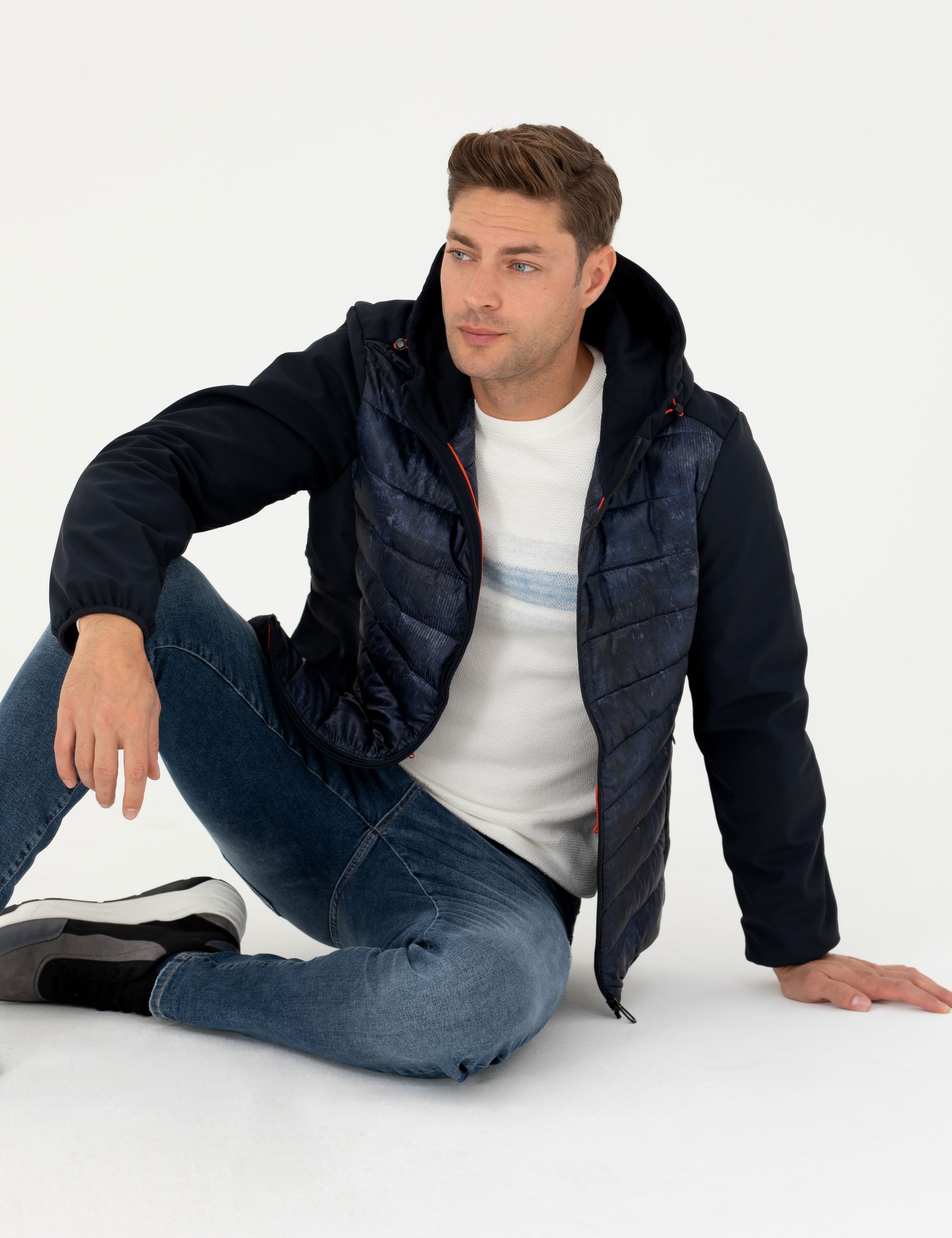 Navy Blue Hooded Quilted Sports Coat