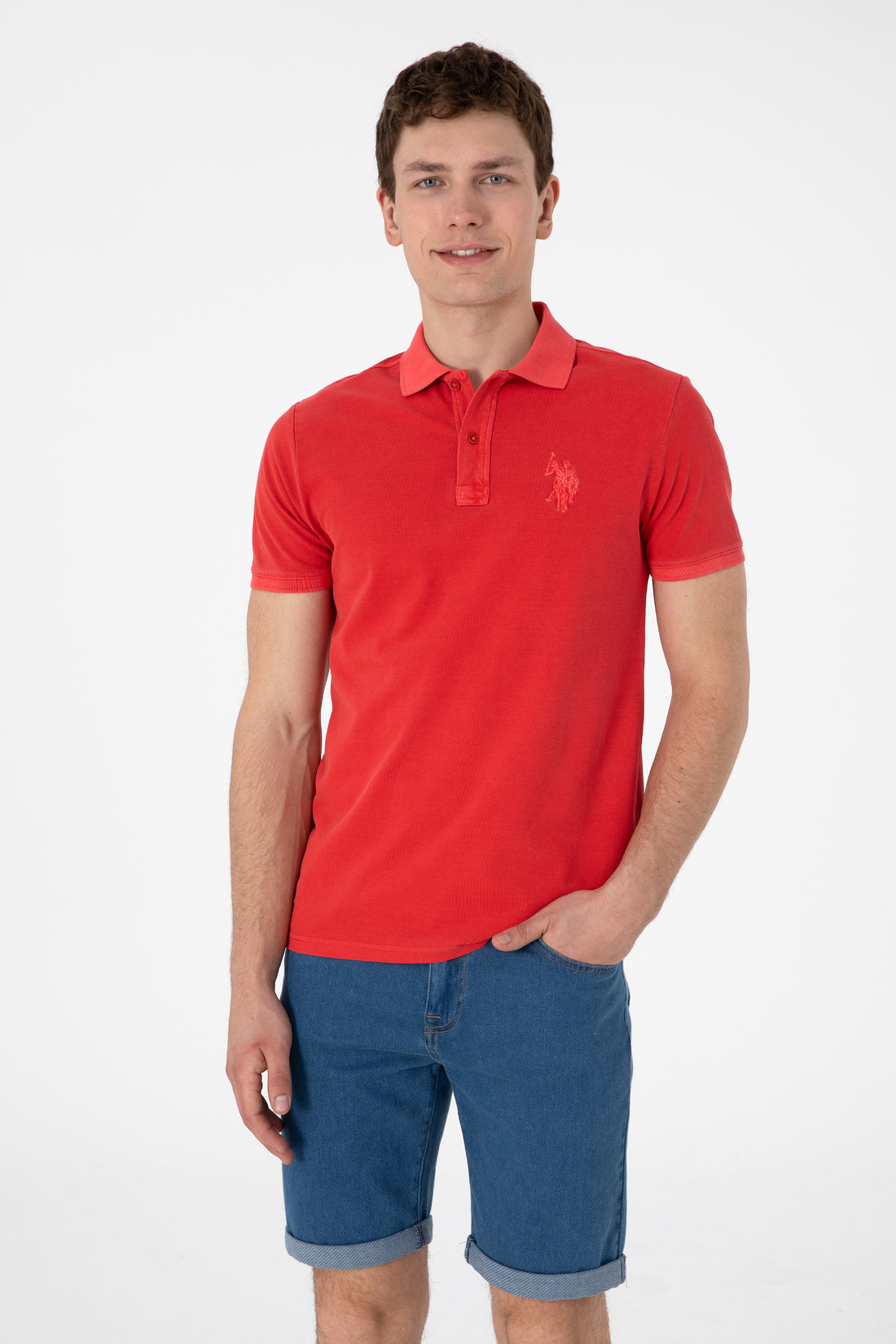 Men's Slim Fit Polo Neck Red Wash Basic T-Shirt