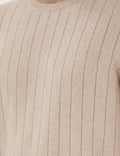 Beige Linen Blended Regular Fit Crew Neck Sweater T-Shirt