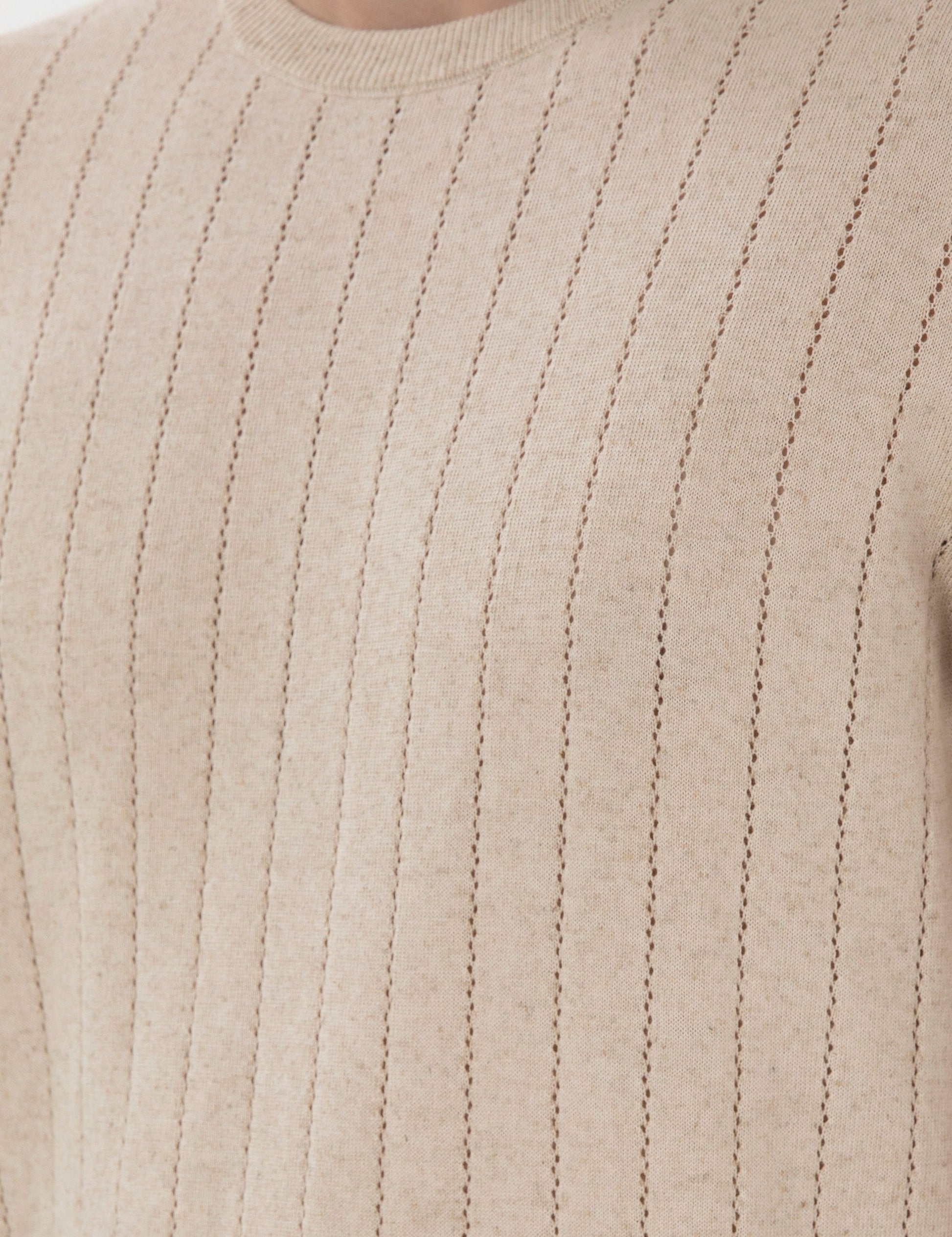 Beige Linen Blended Regular Fit Crew Neck Sweater T-Shirt