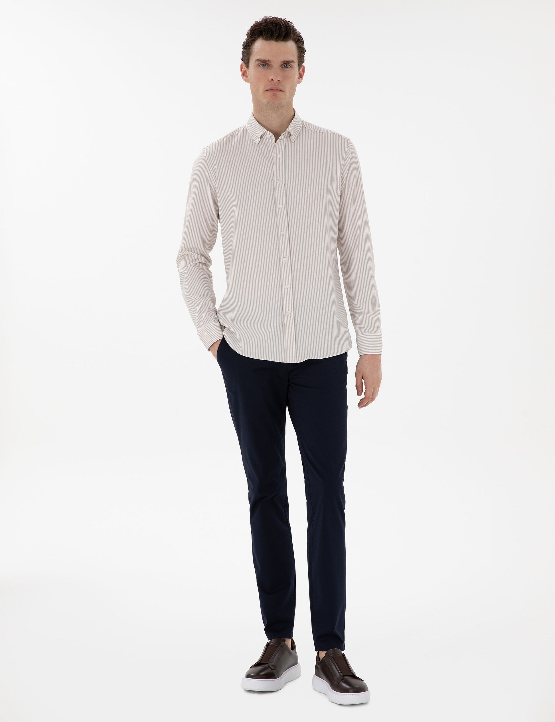 Beige Slim Fit Striped Long Sleeve Shirt