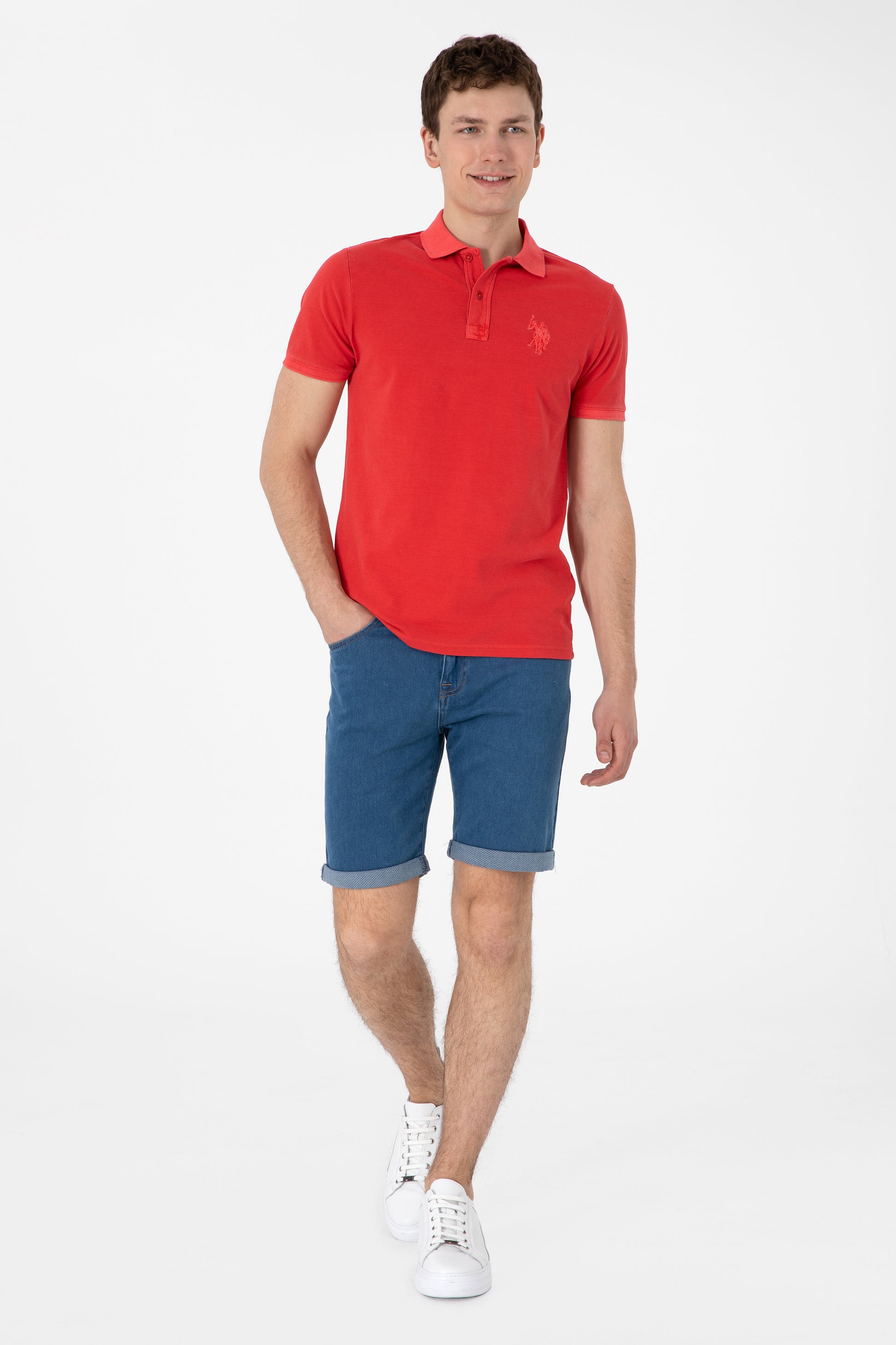 Men's Slim Fit Polo Neck Red Wash Basic T-Shirt