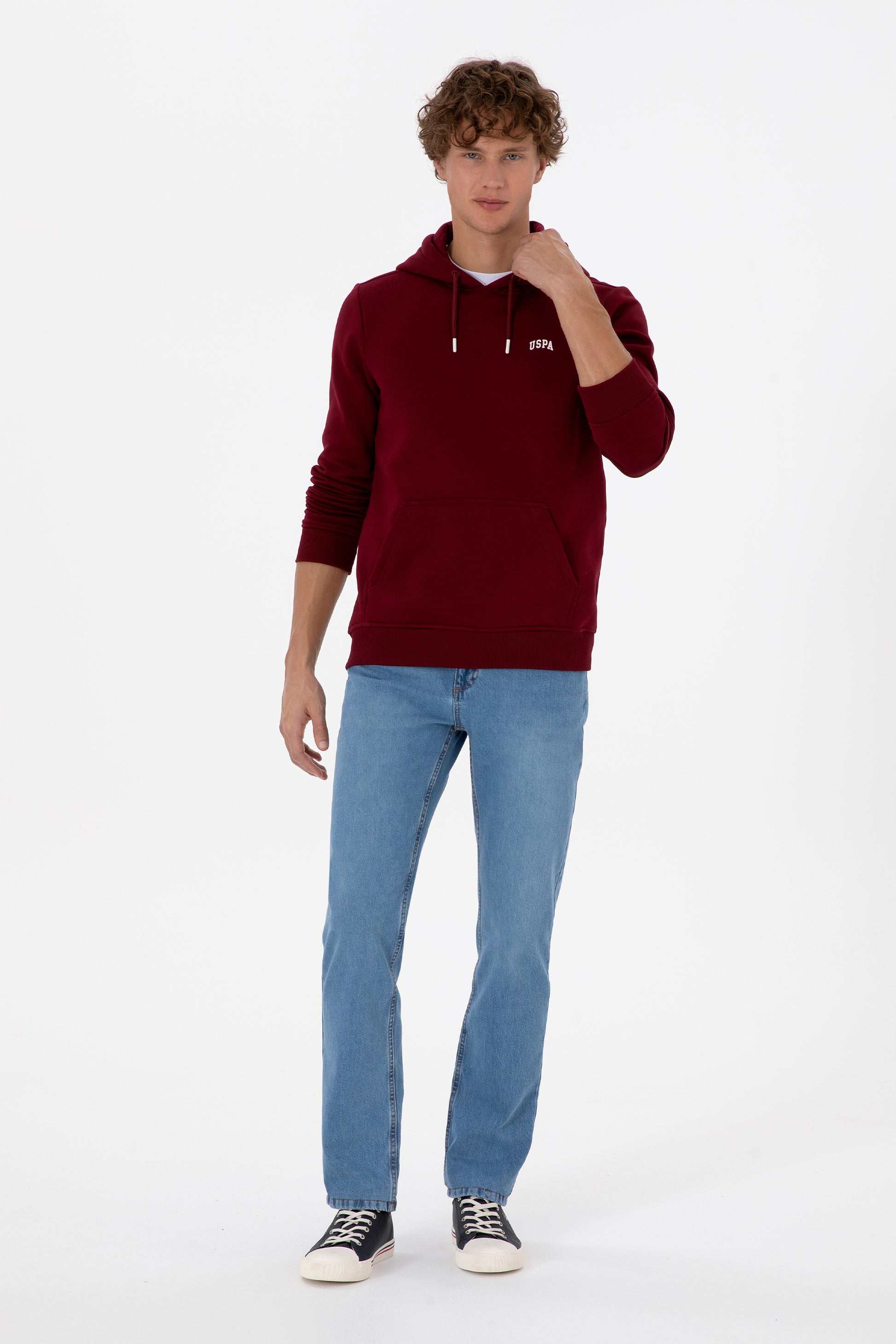 Erkek Regular Fit Kapüşonlu Bordo Basic Sweatshirt