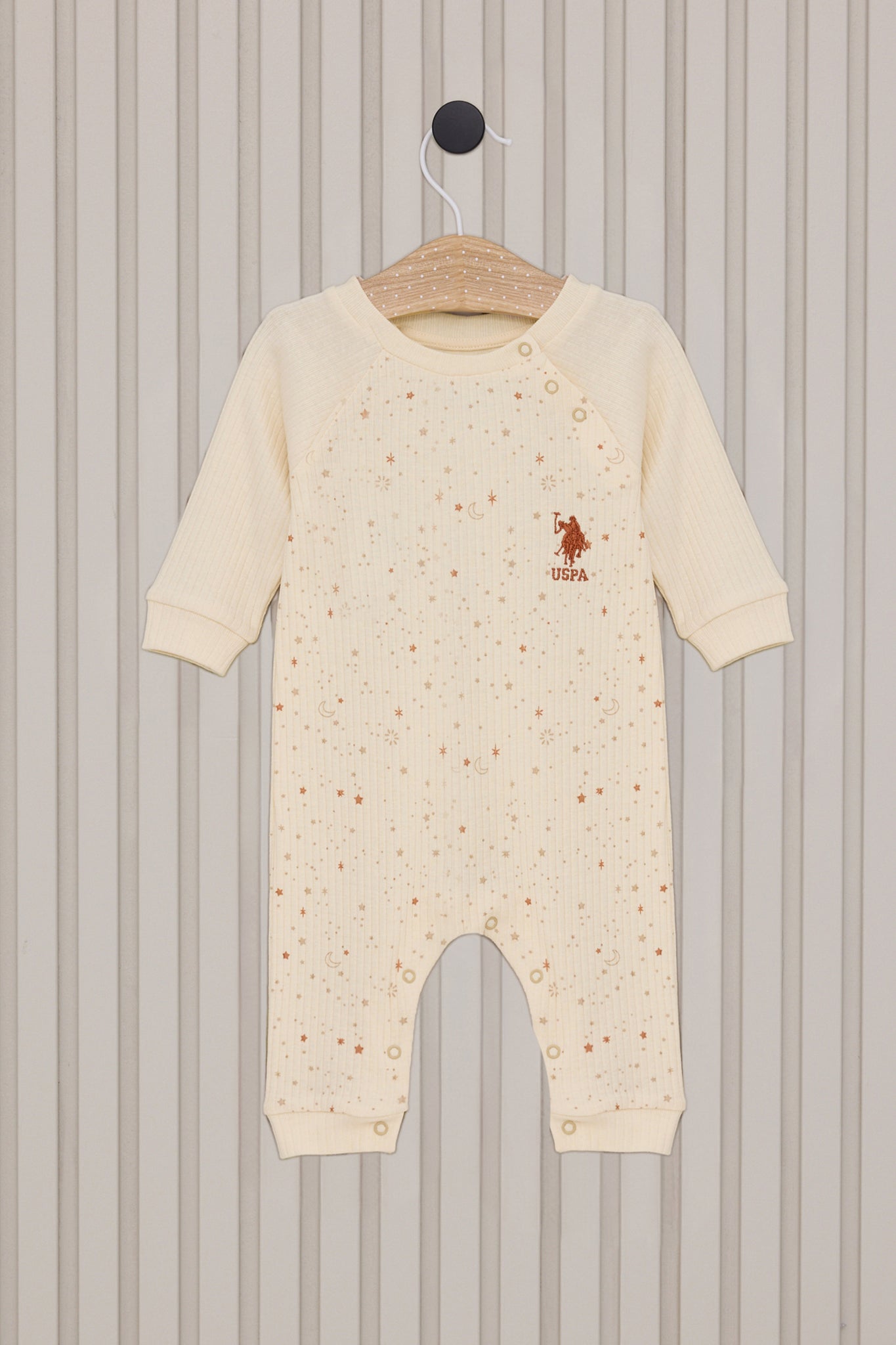 Baby Girl Cream Patched Sky Pattern Ribbed 100% Cotton Jumpsuit