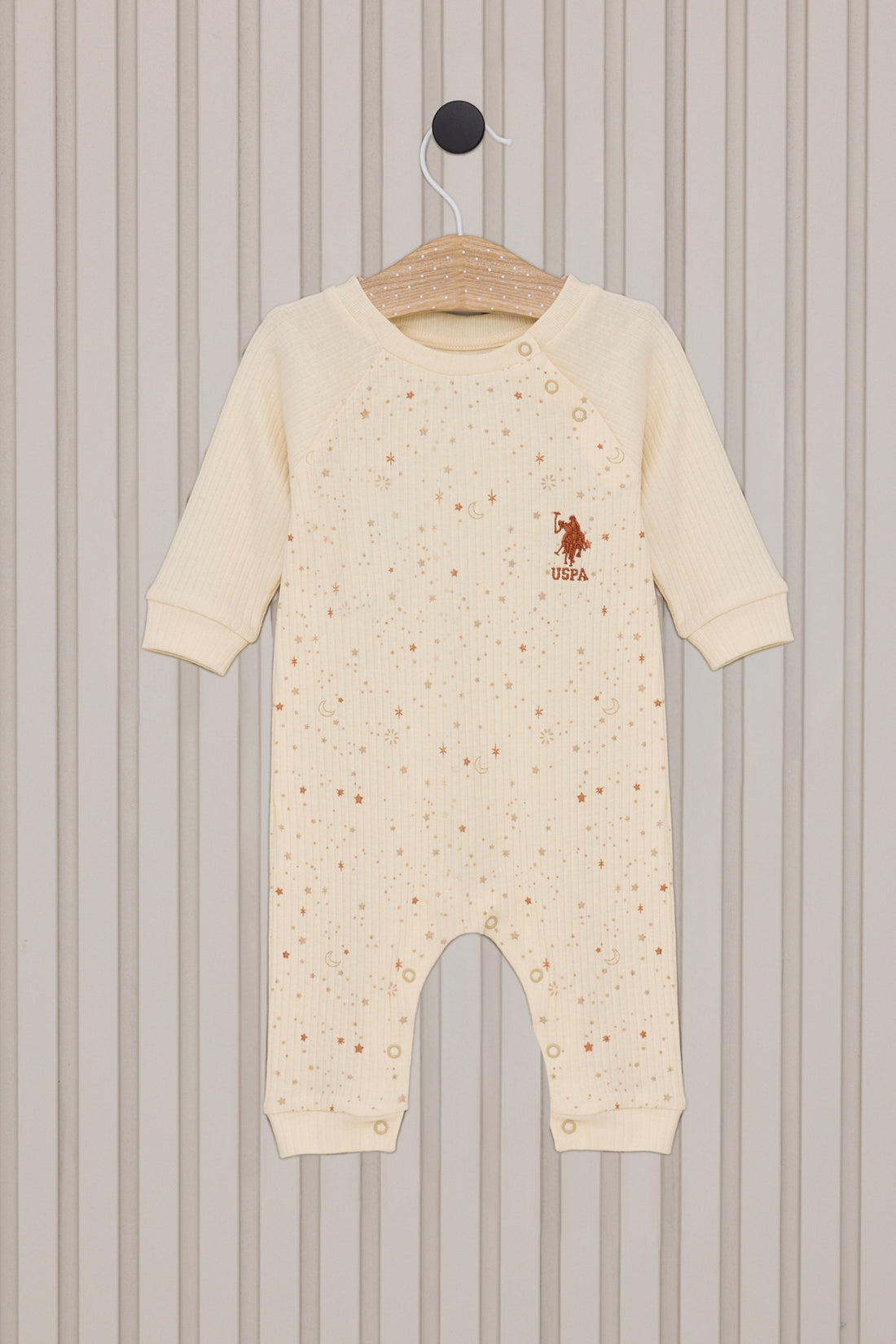 Baby Girl Cream Patched Sky Pattern Ribbed 100% Cotton Jumpsuit