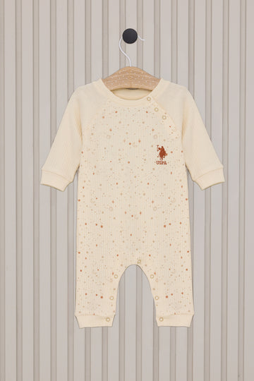Baby Girl Cream Patched Sky Pattern Ribbed 100% Cotton Jumpsuit