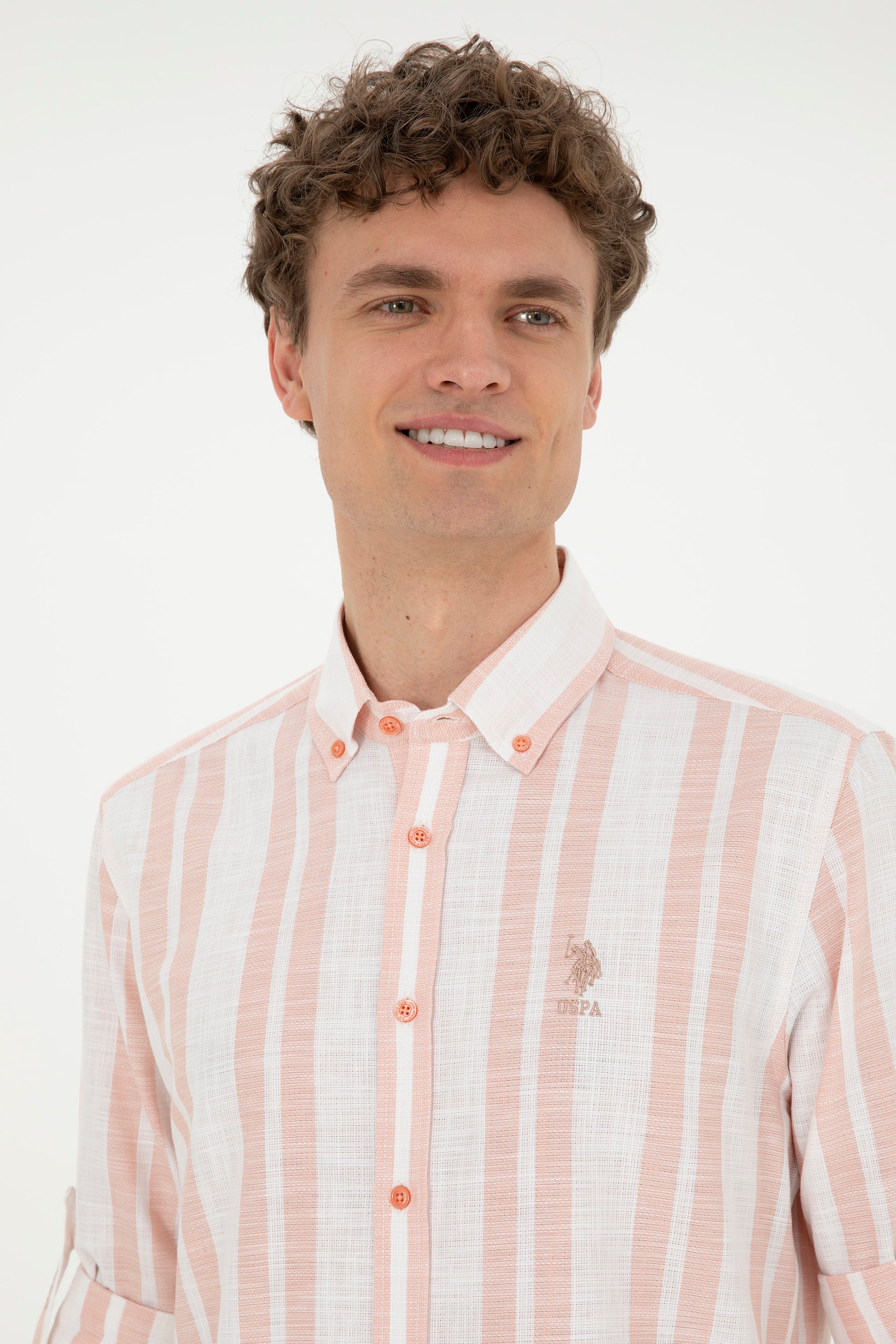 Men's Salmon Striped White Shirt