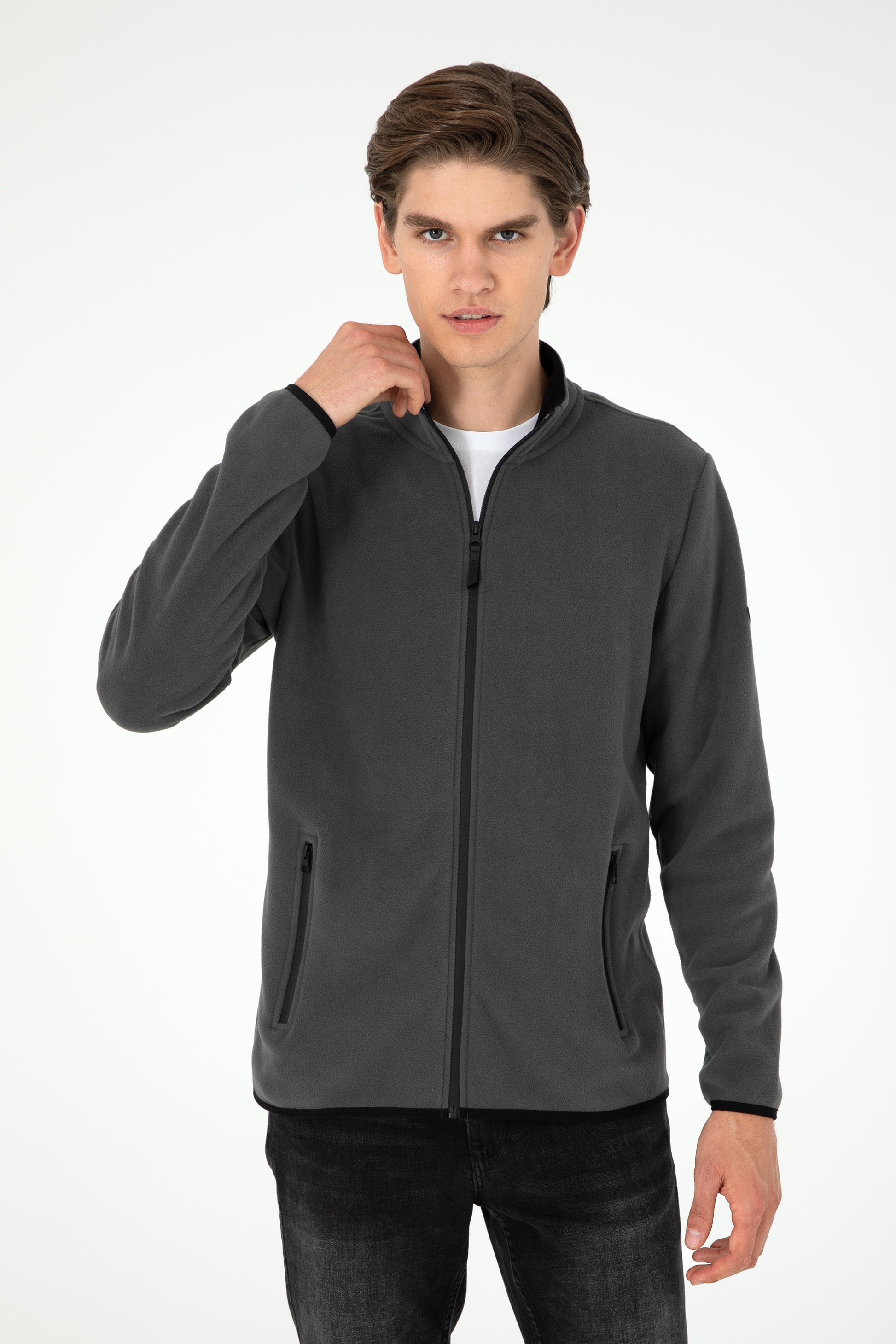 Regular Fit Anthracite Fleece Zipper Basic Cardigan