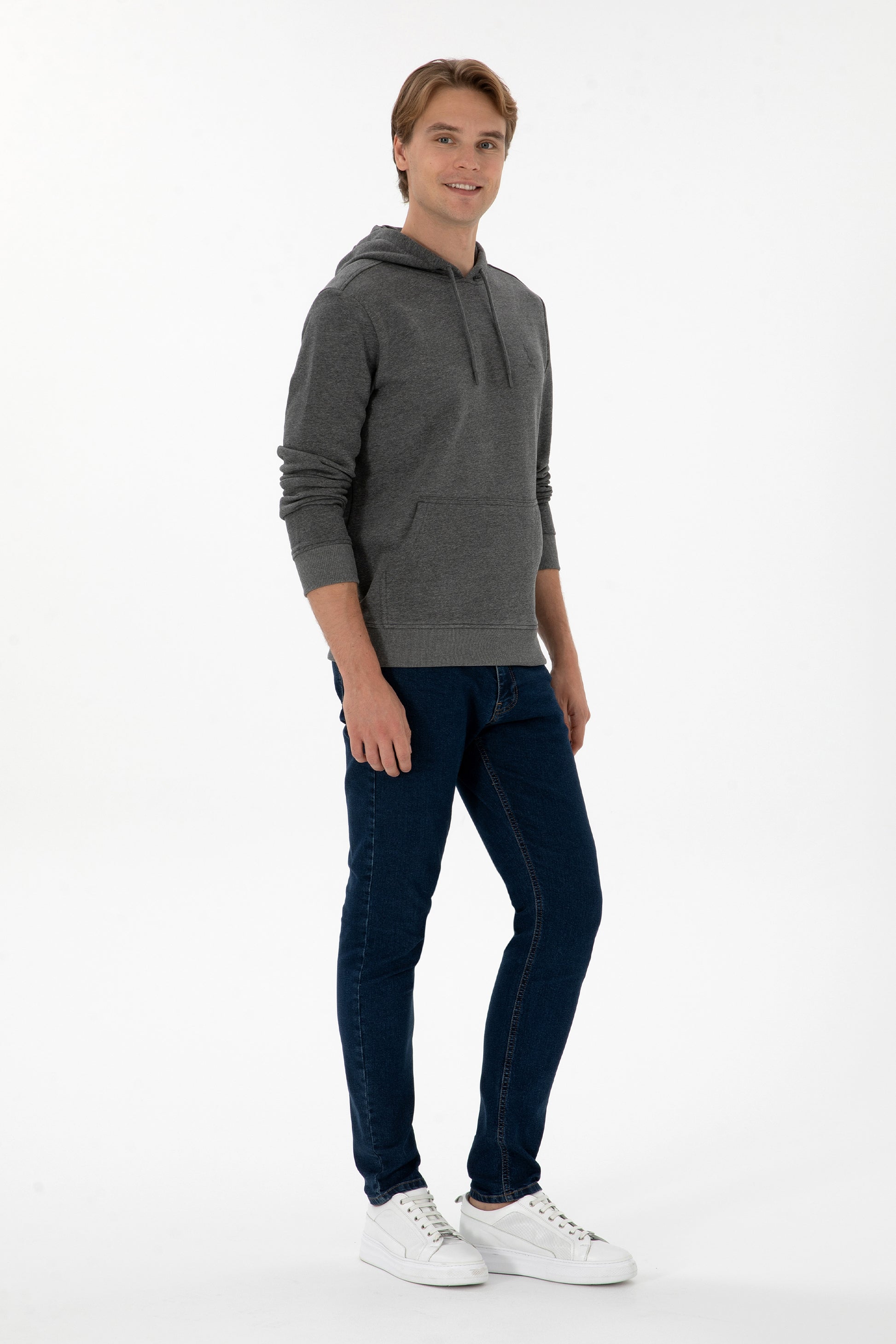 Erkek Regular Fit Kapişonlu Antrasit Melanj Basic Sweatshirt
